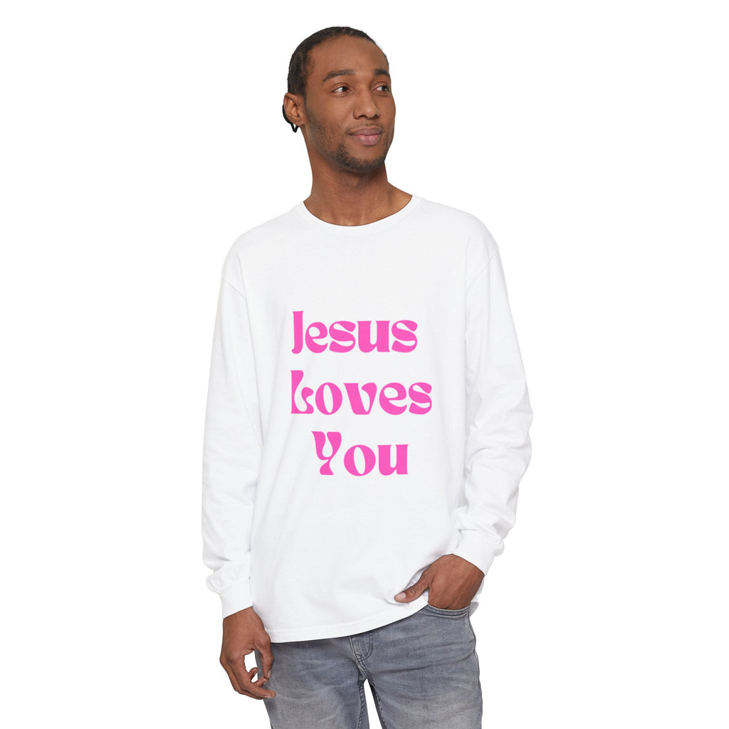 Jesus Loves You Long Sleeve Tee — Retro Pink Faith Shirt