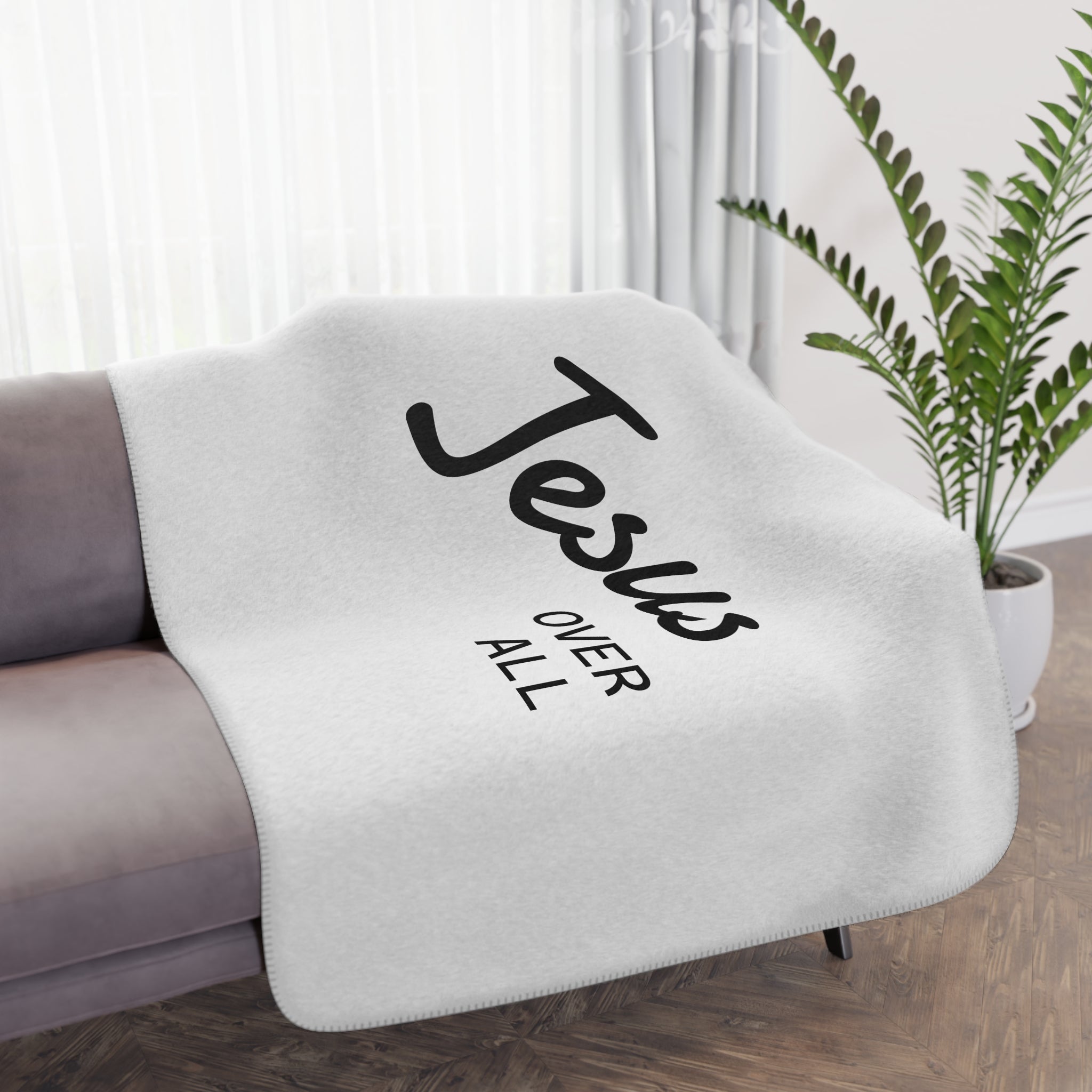 Jesus Over All Sherpa Blanket — Cozy Tan Christian Throw