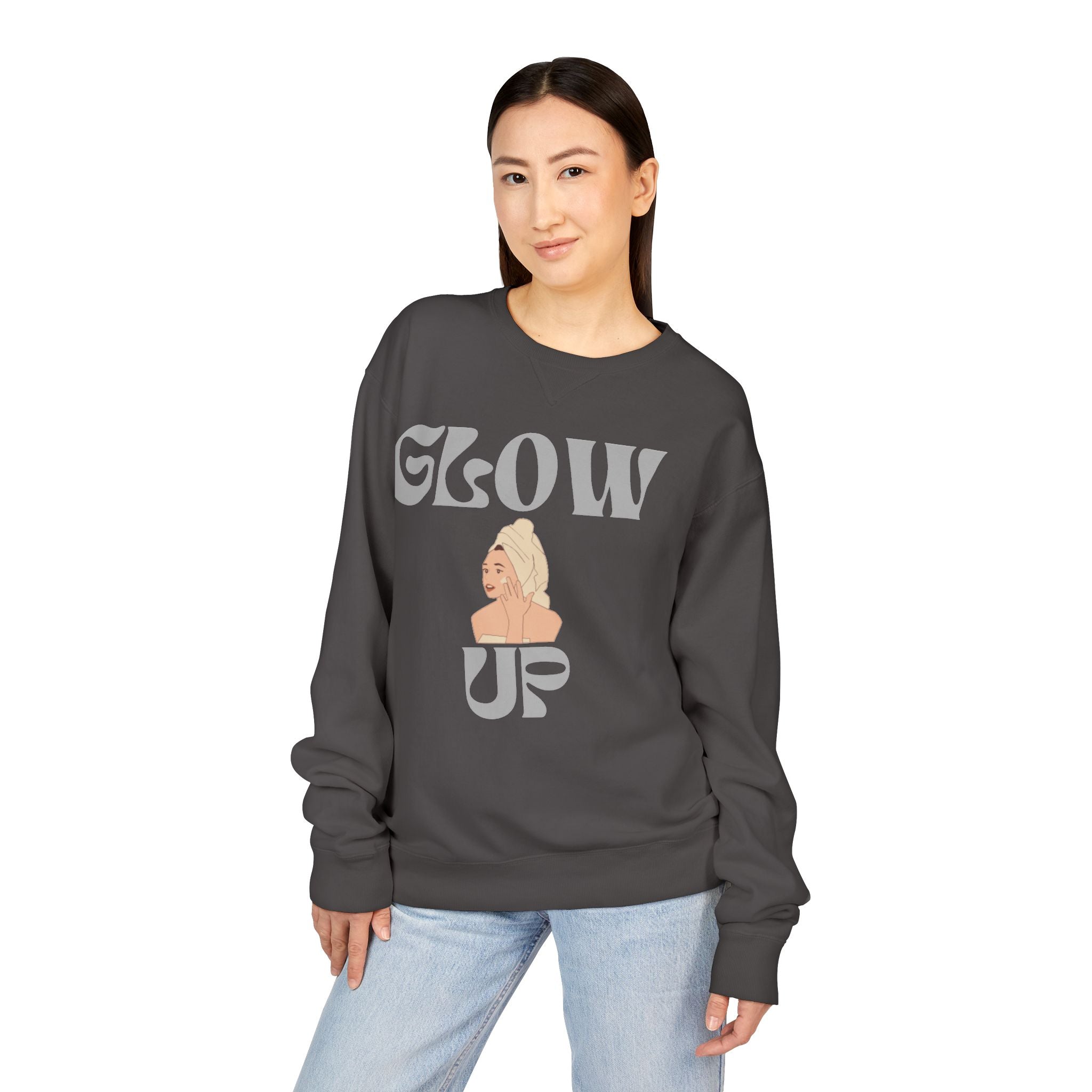 Glow Up Crewneck Sweatshirt — Retro Script Portrait Graphic