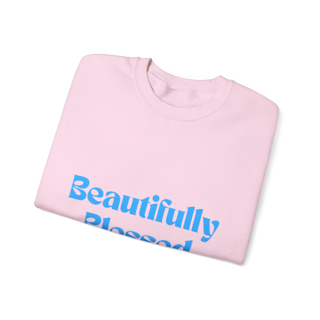 Beautifully Blessed Crewneck Sweatshirt | Inspirational Script, Light Blue Text