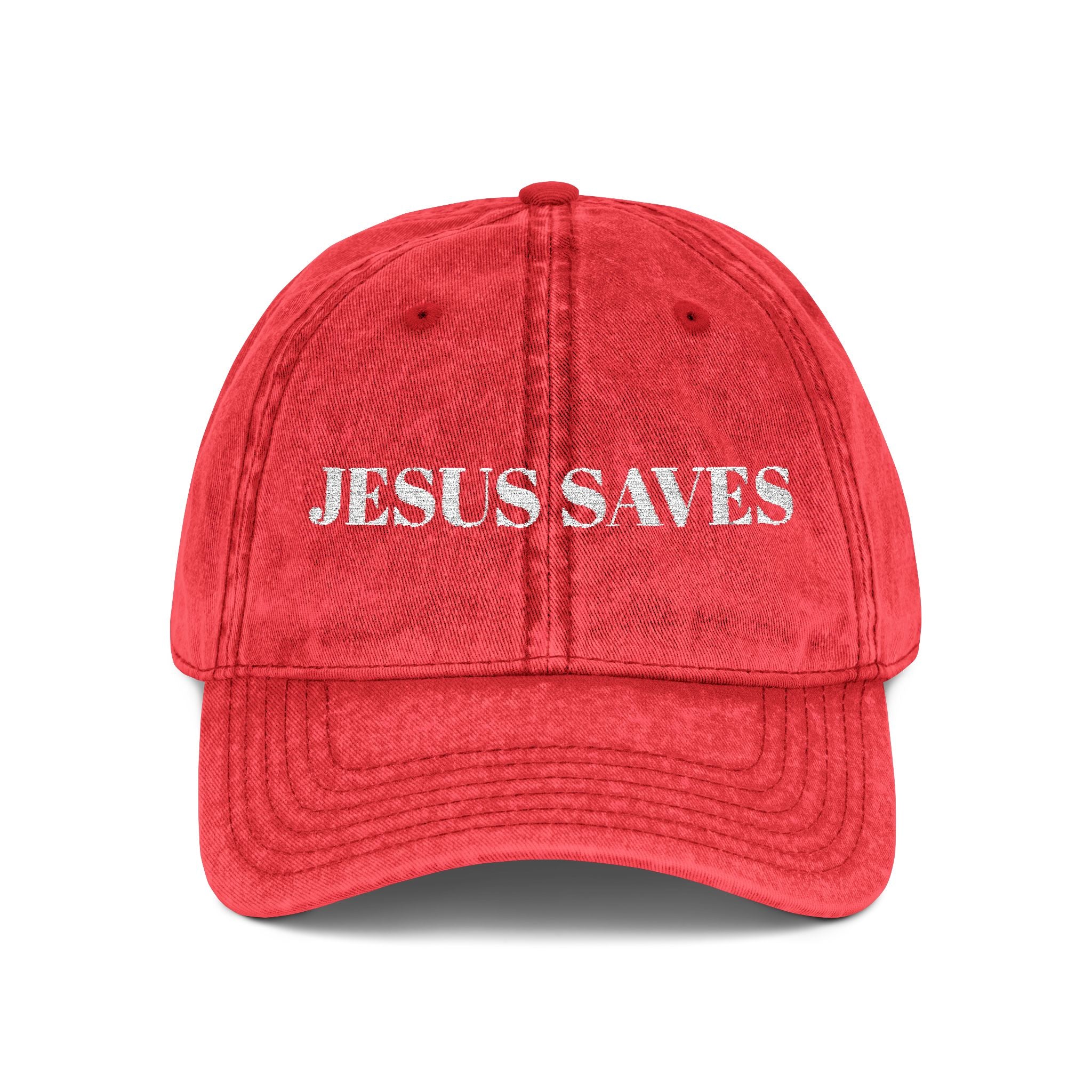 Jesus Saves Vintage Embroidered Cap — Distressed Red Faith Dad Hat