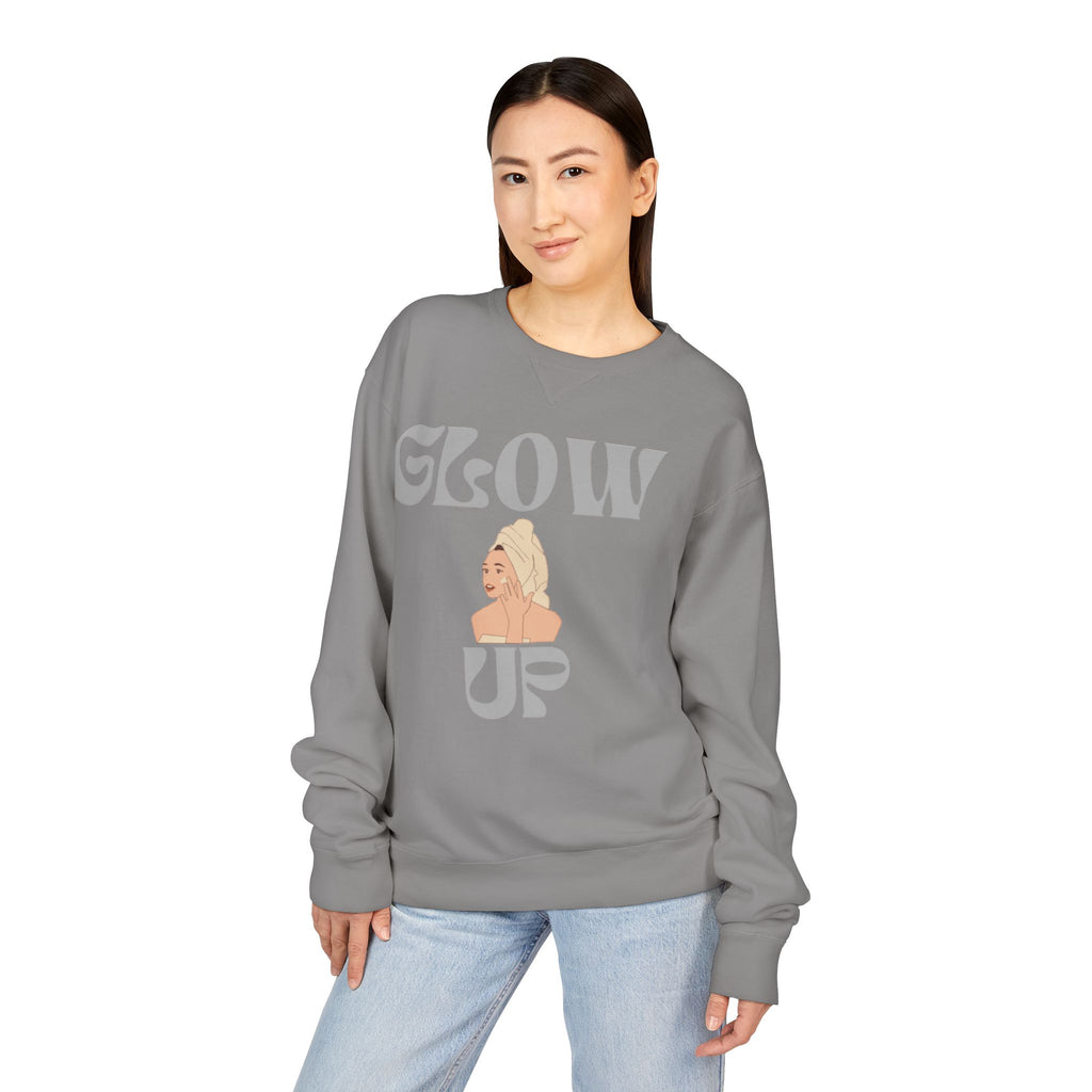 Glow Up Crewneck Sweatshirt — Retro Script Portrait Graphic