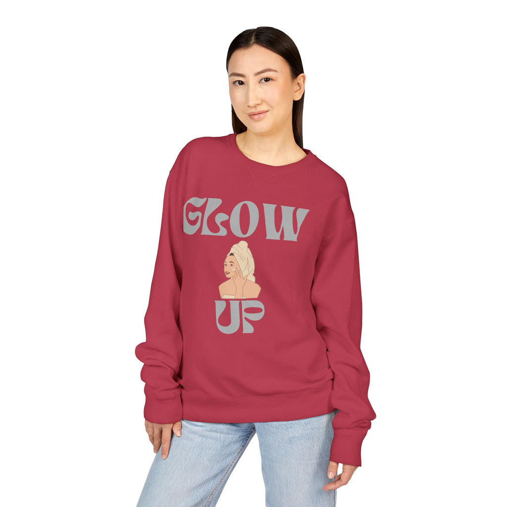 Glow Up Crewneck Sweatshirt — Retro Script Portrait Graphic