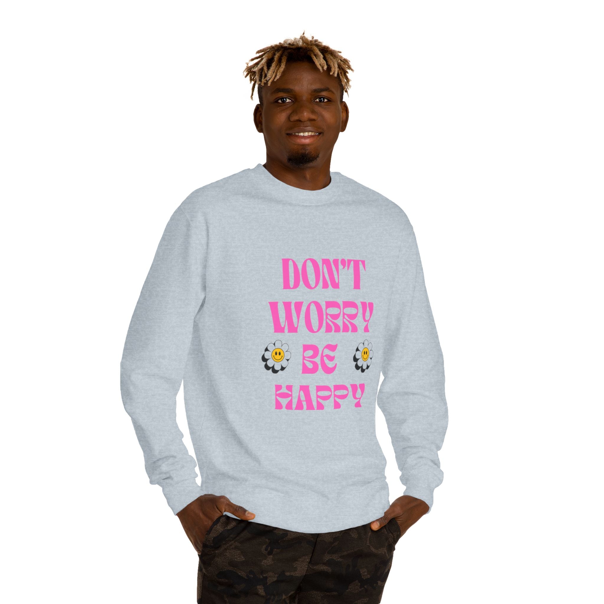 Don't Worry Be Happy Sweatshirt — Pink Retro Daisy Graphic Crewneck