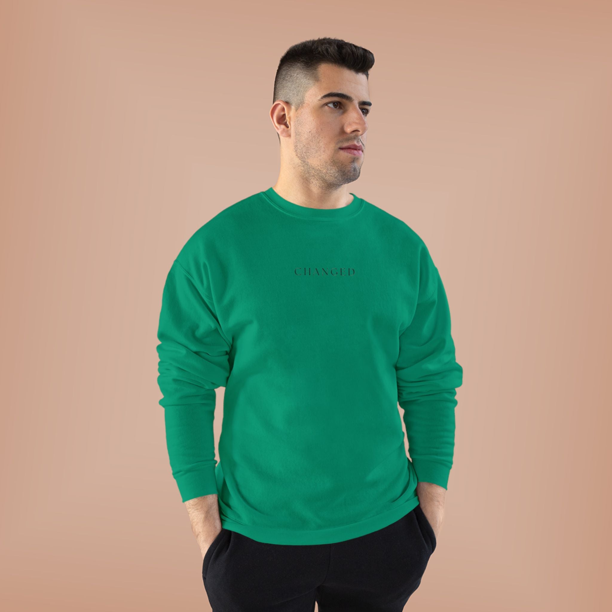 Minimal 'Changed' Crewneck Sweatshirt — Subtle Text Graphic, Eco-Friendly Comfort