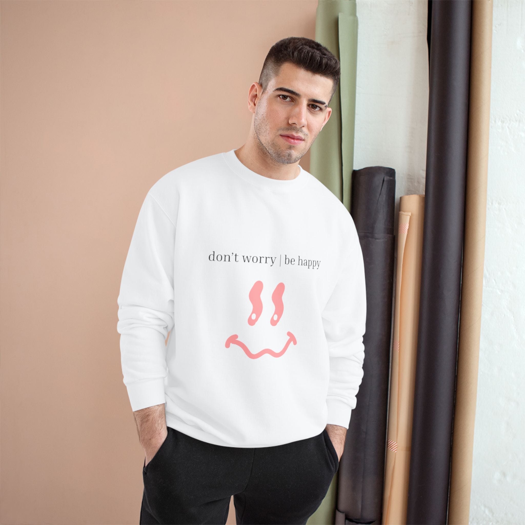 Happy Face Sweatshirt — “don’t worry, be happy” Positive Graphic Crewneck