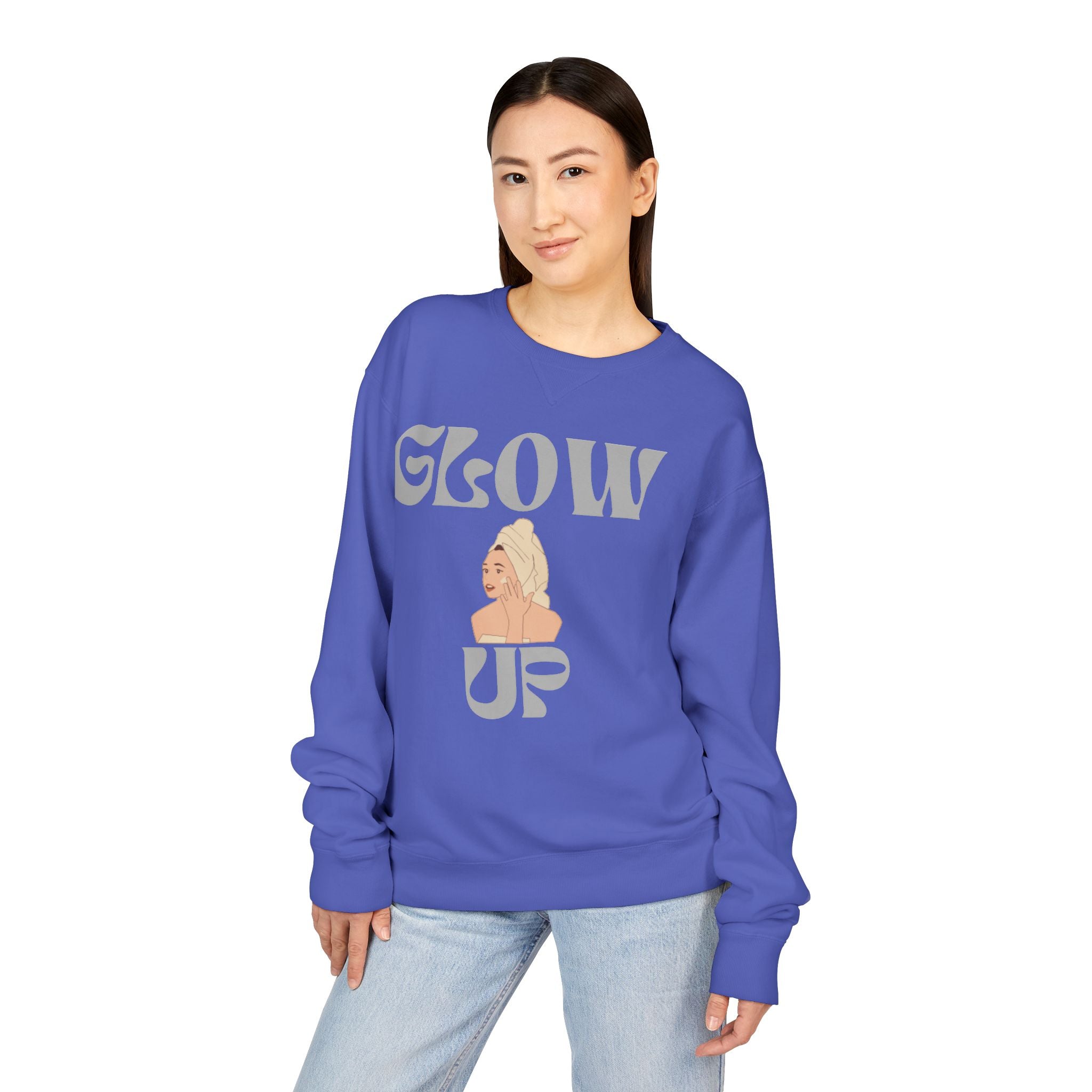 Glow Up Crewneck Sweatshirt — Retro Script Portrait Graphic