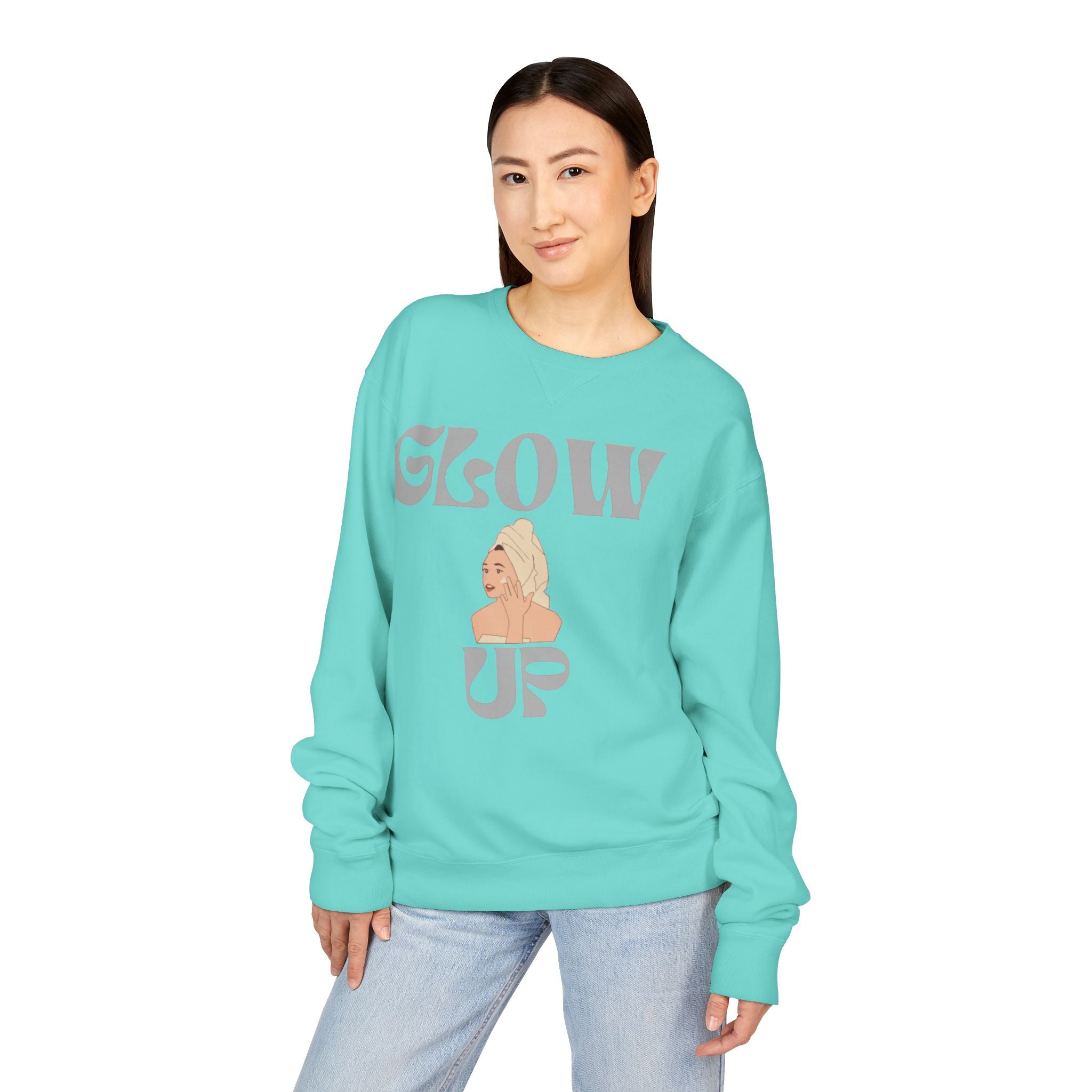 Glow Up Crewneck Sweatshirt — Retro Script Portrait Graphic