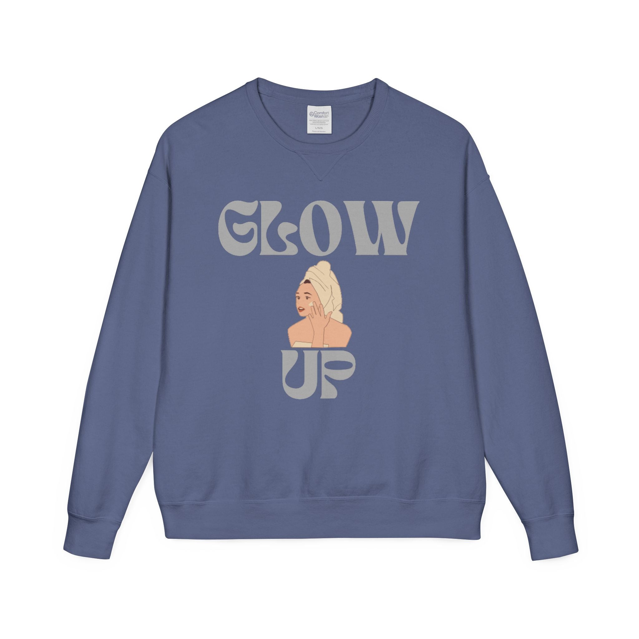 Glow Up Crewneck Sweatshirt — Retro Script Portrait Graphic