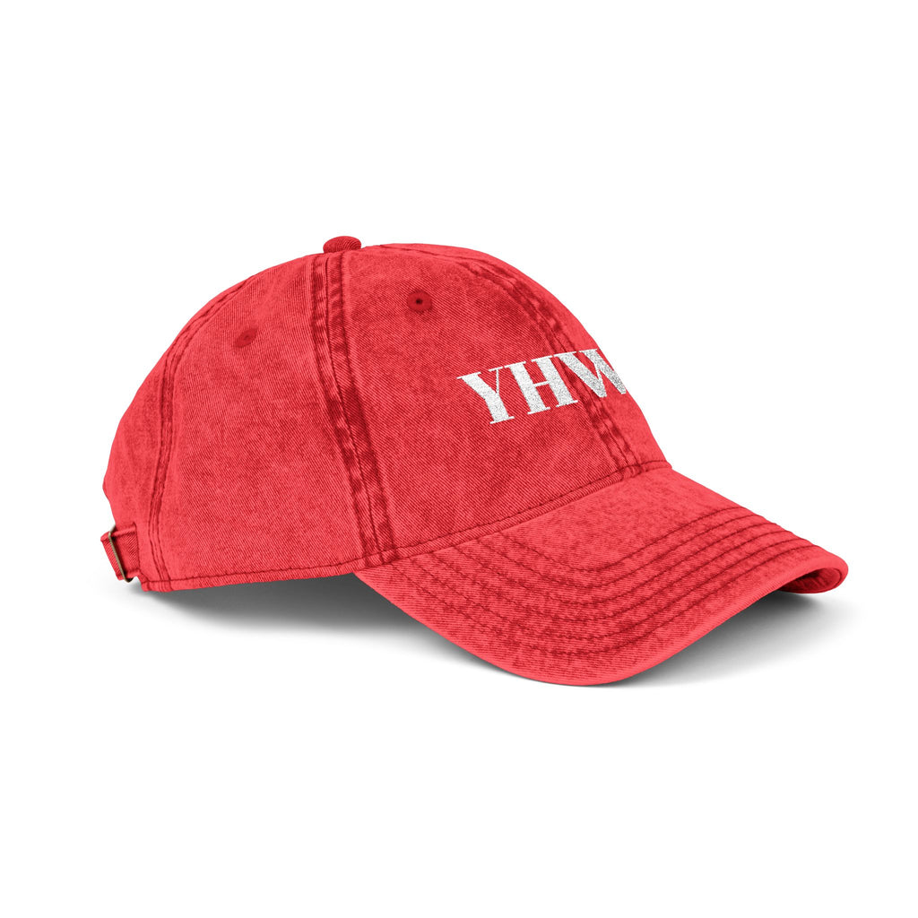 Vintage YHWH Embroidered Cap — Distressed Red Religious Baseball Hat