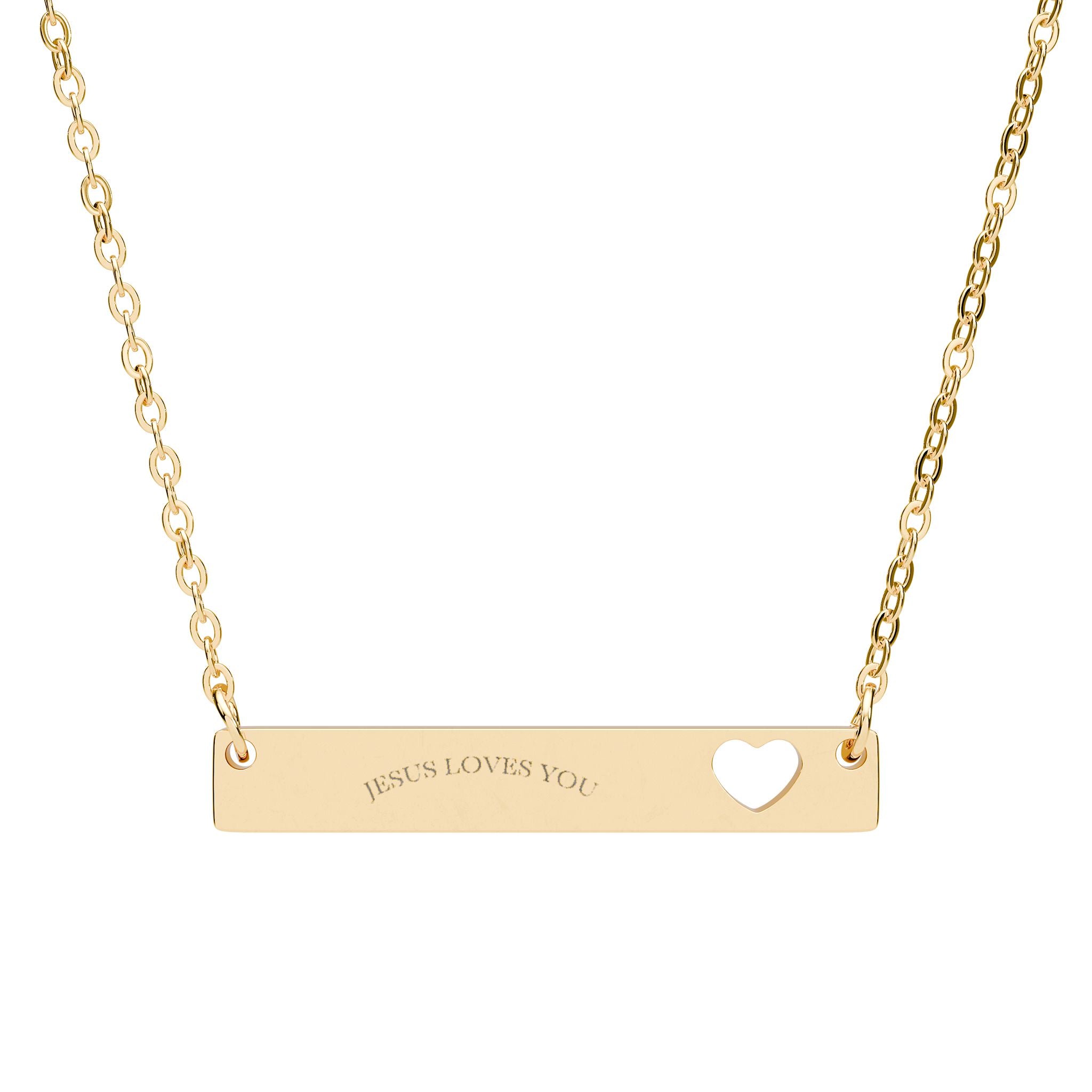 Engravable Cutout Heart Bar Necklace — Personalized Nameplate Pendant (Silver or Rose Gold)
