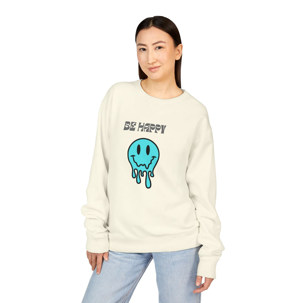 Be Happy Melting Smiley Crewneck Sweatshirt — Casual Positive Graphic Sweatshirt