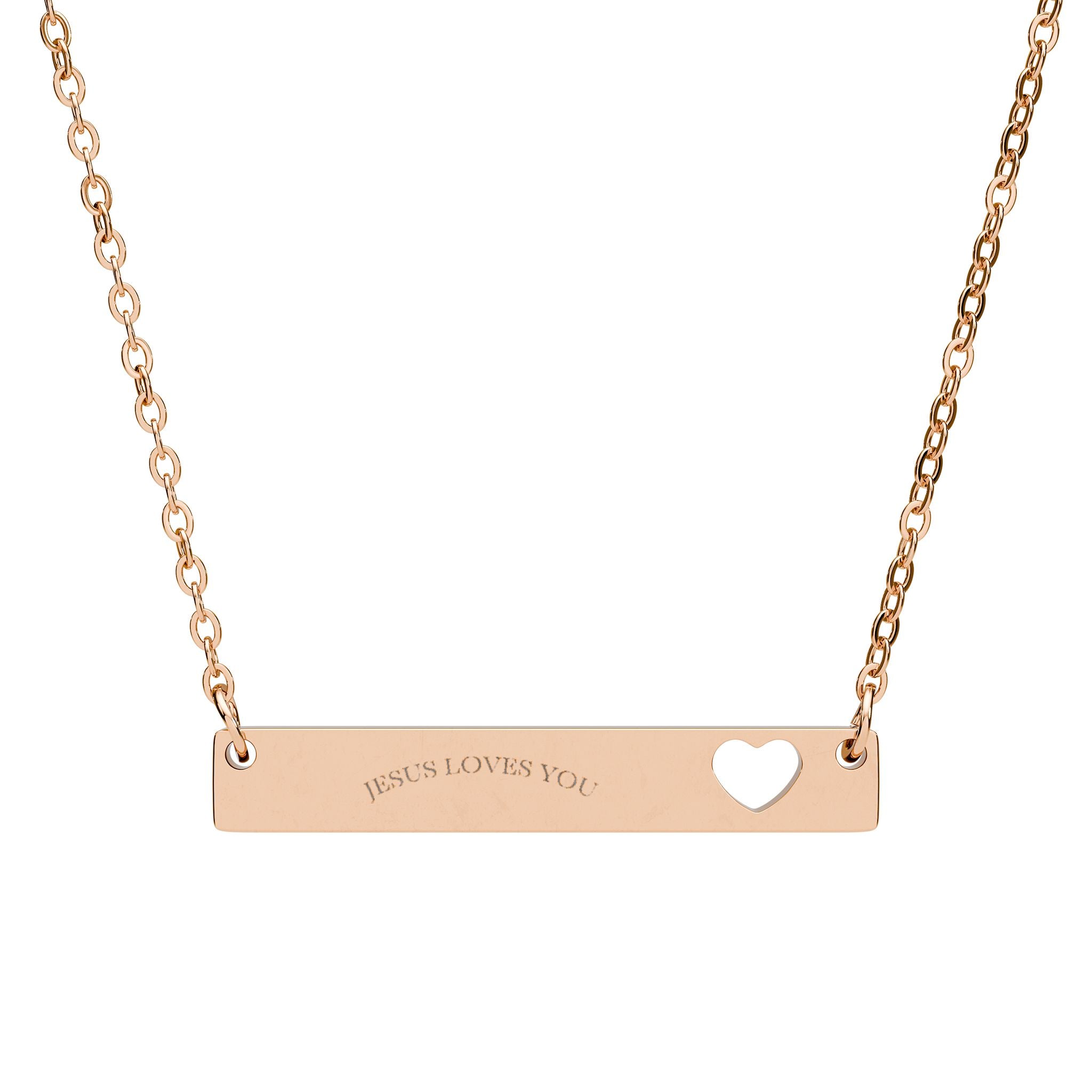 Engravable Cutout Heart Bar Necklace — Personalized Nameplate Pendant (Silver or Rose Gold)