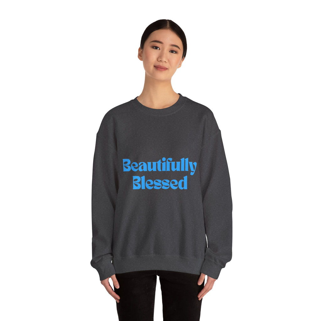 Beautifully Blessed Crewneck Sweatshirt | Inspirational Script, Light Blue Text