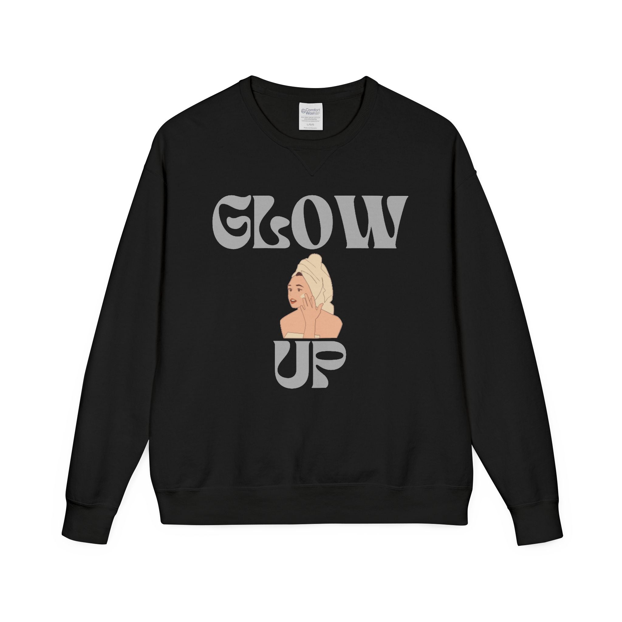 Glow Up Crewneck Sweatshirt — Retro Script Portrait Graphic