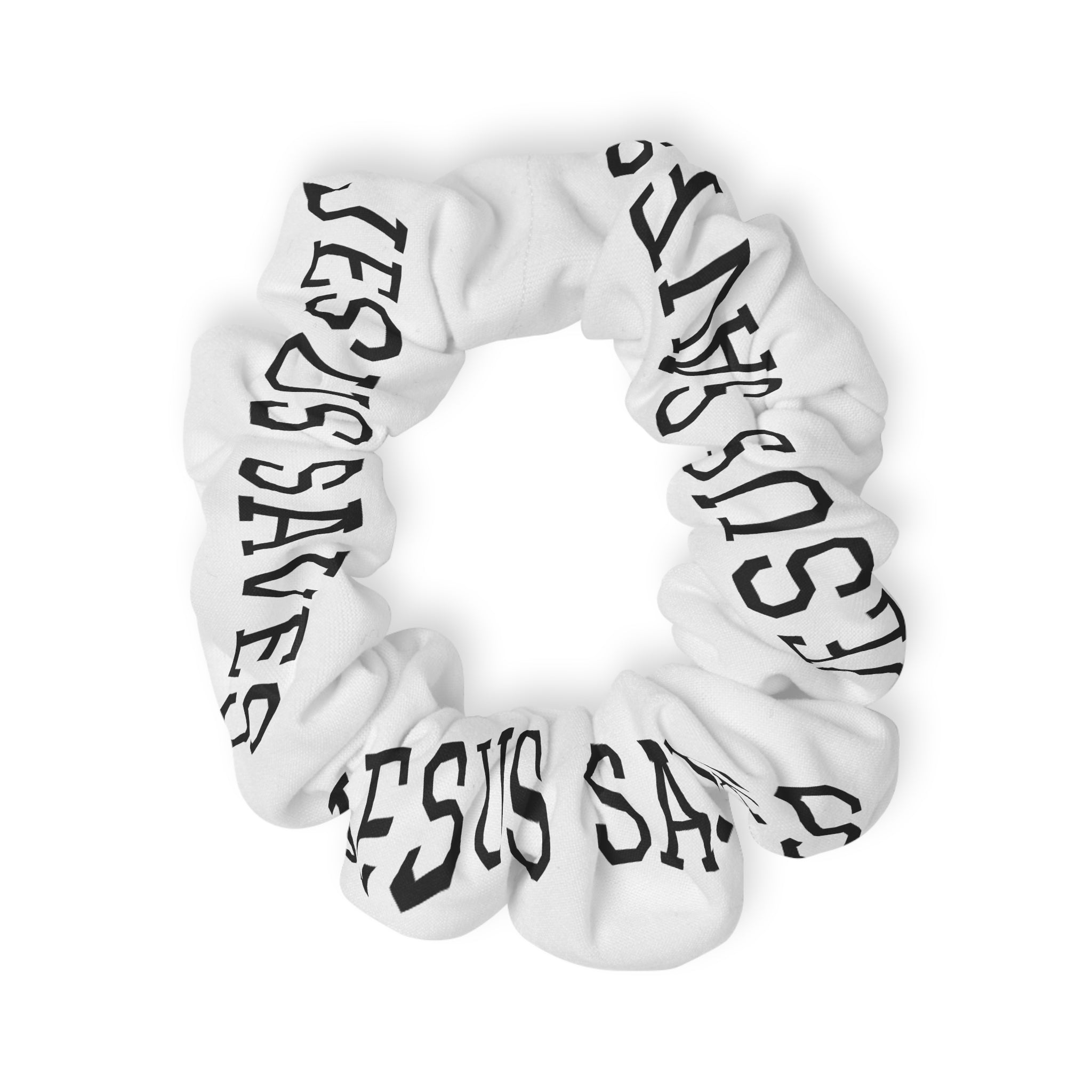 "Jesus Saves" White Scrunchie — Faith-Based Hair Accessory