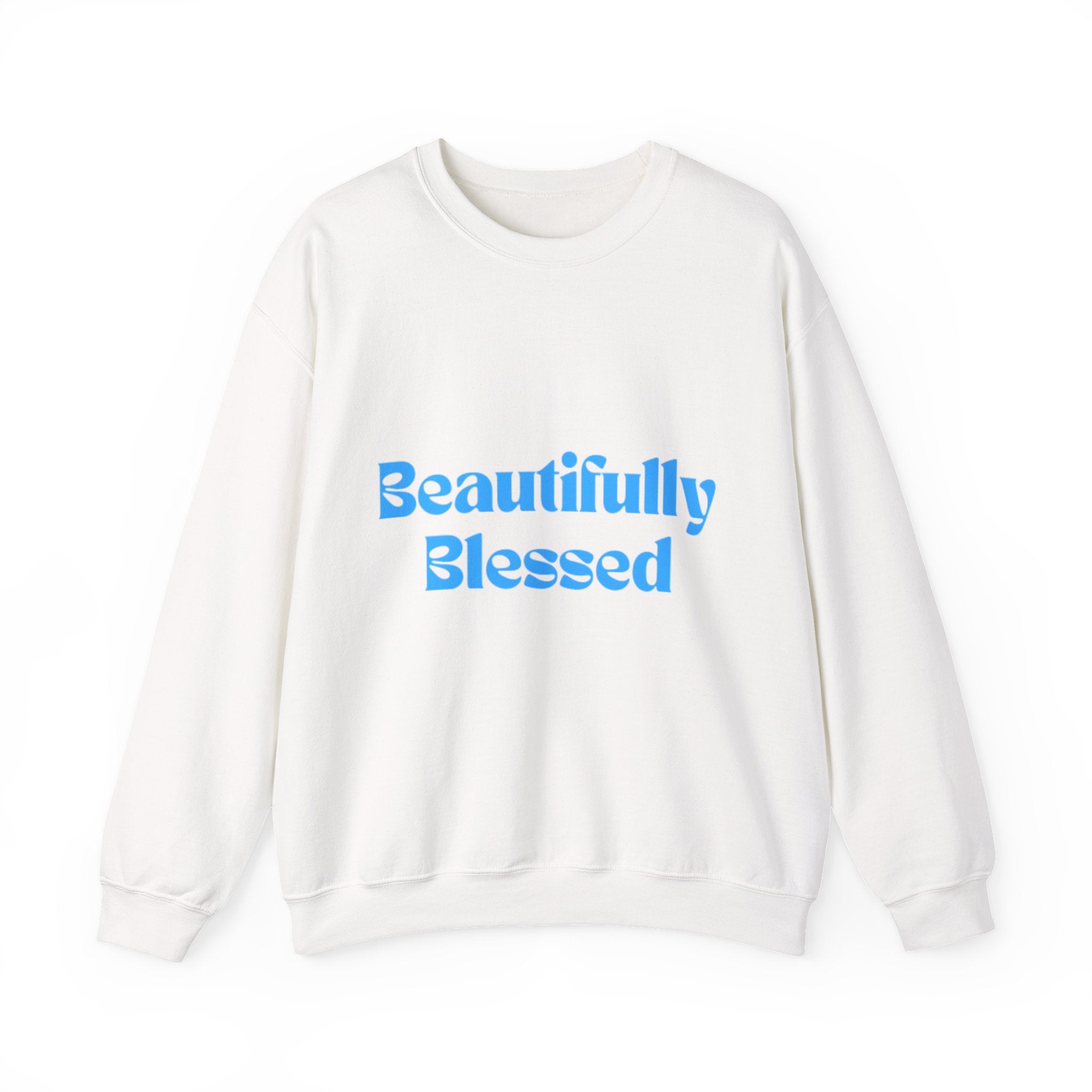 Beautifully Blessed Crewneck Sweatshirt | Inspirational Script, Light Blue Text