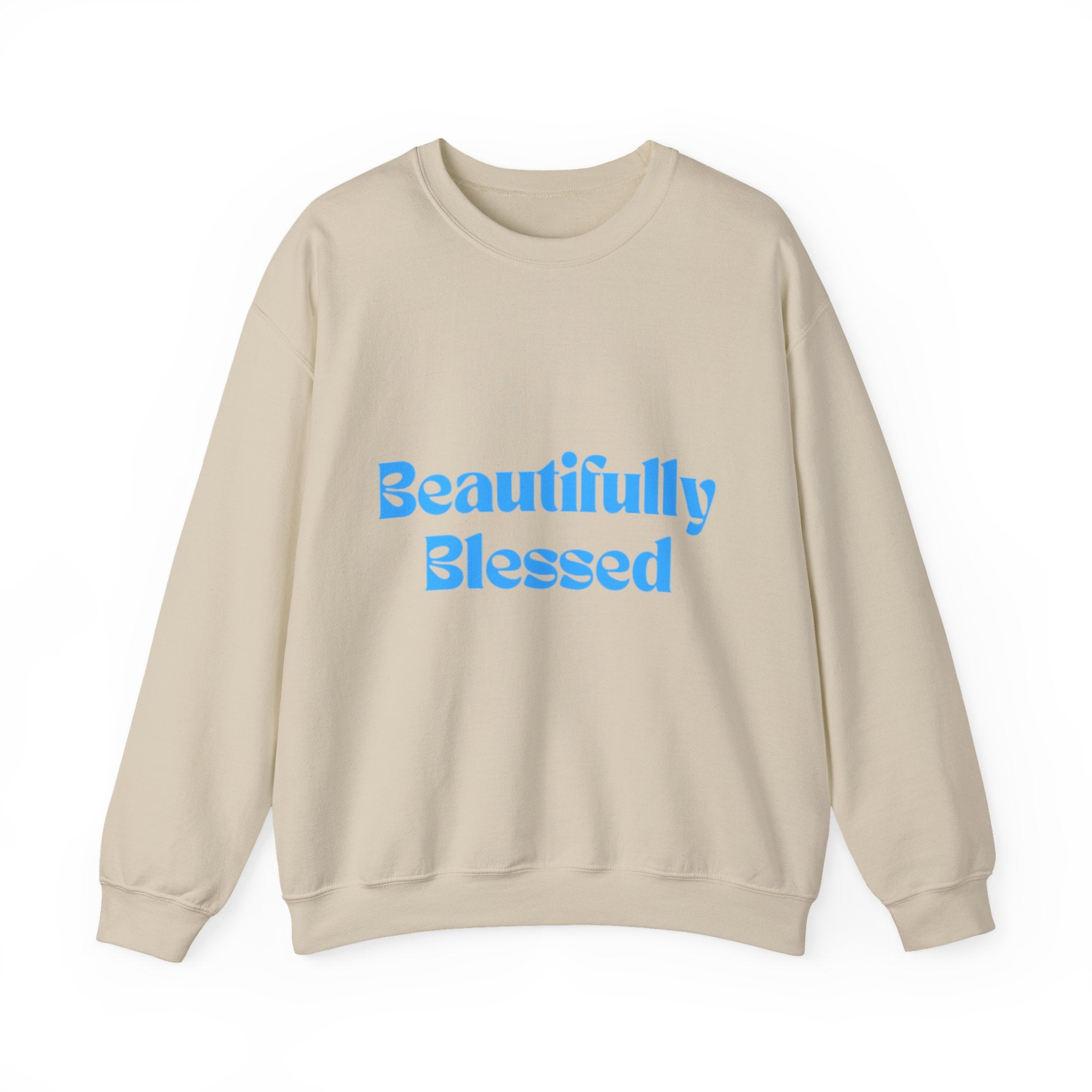 Beautifully Blessed Crewneck Sweatshirt | Inspirational Script, Light Blue Text