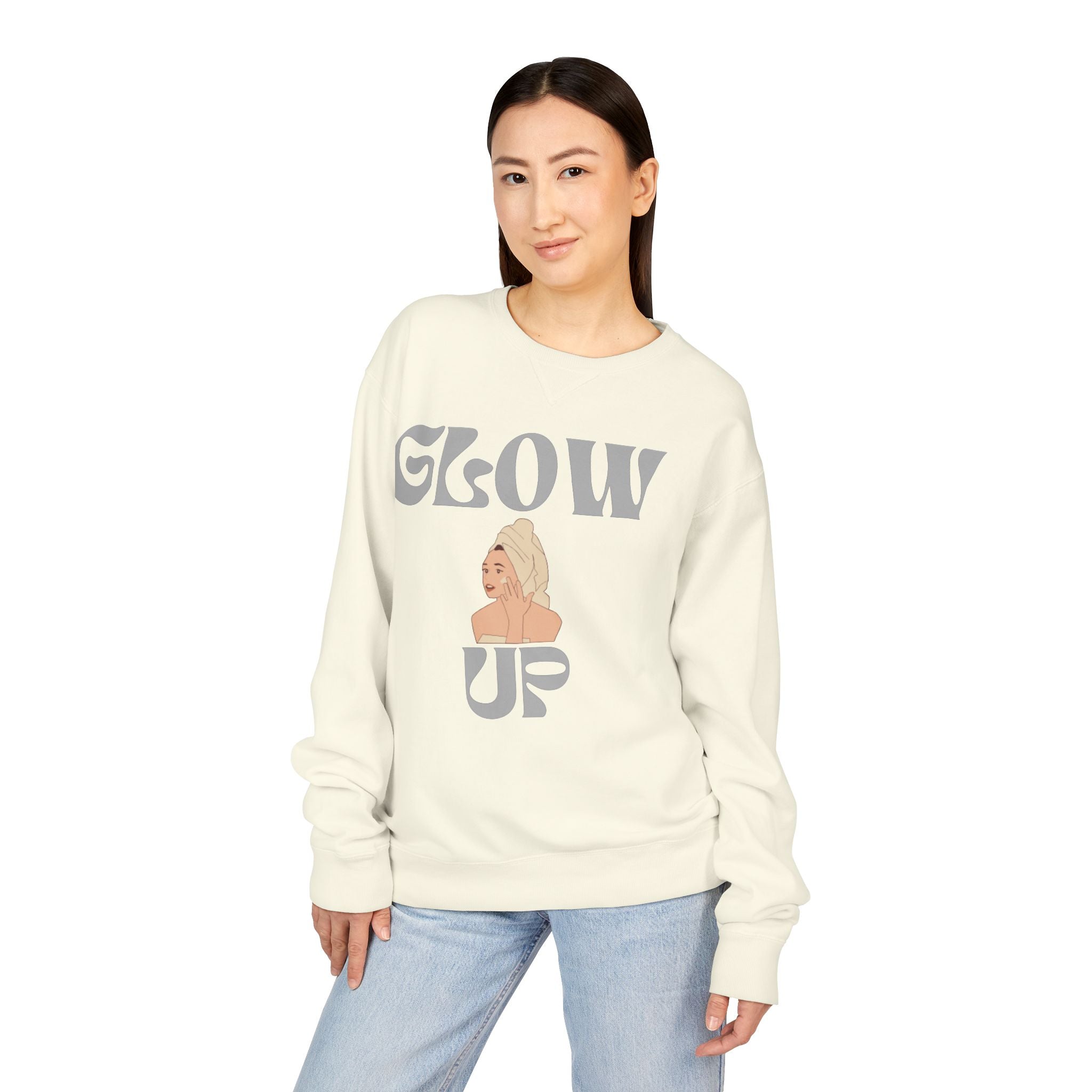 Glow Up Crewneck Sweatshirt — Retro Script Portrait Graphic