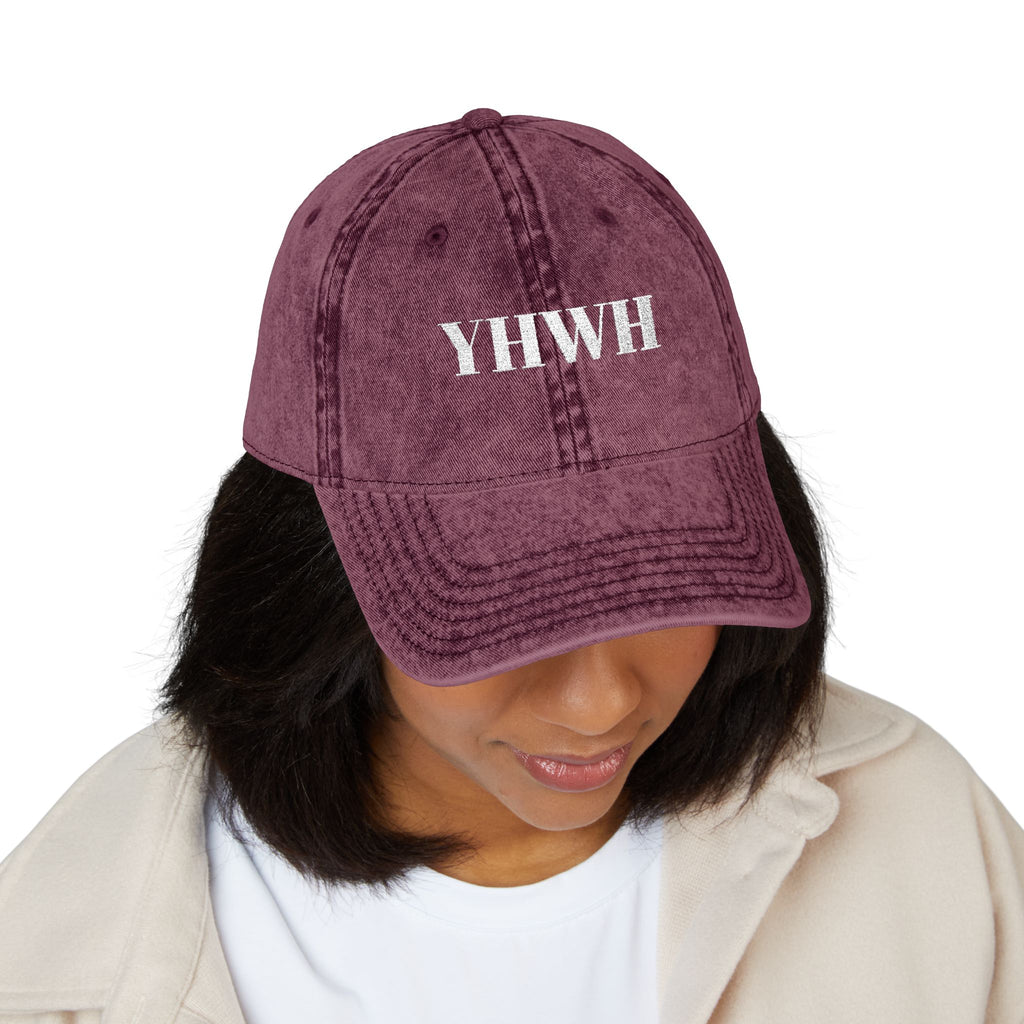 Vintage YHWH Embroidered Cap — Distressed Red Religious Baseball Hat