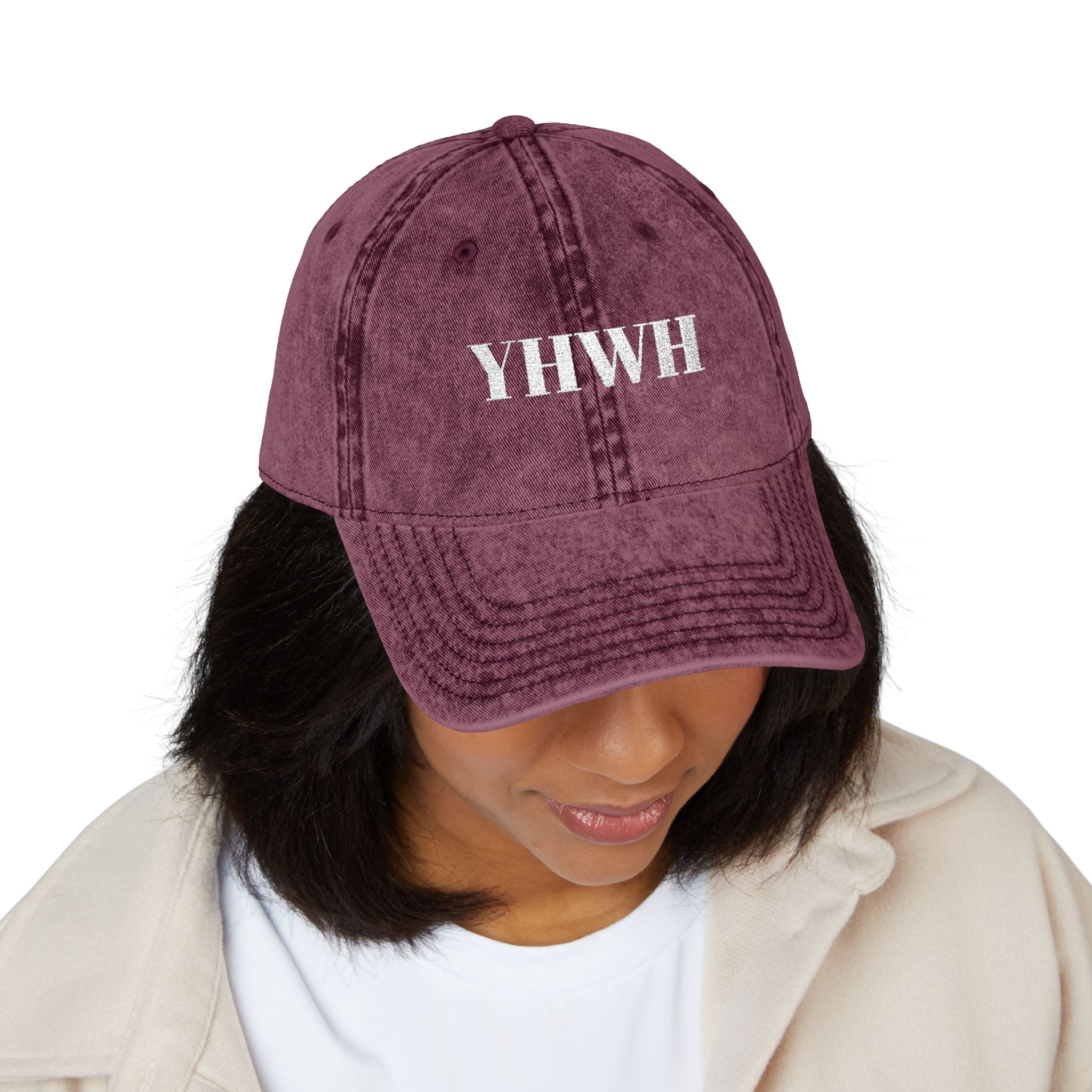 Vintage YHWH Embroidered Cap — Distressed Red Religious Baseball Hat
