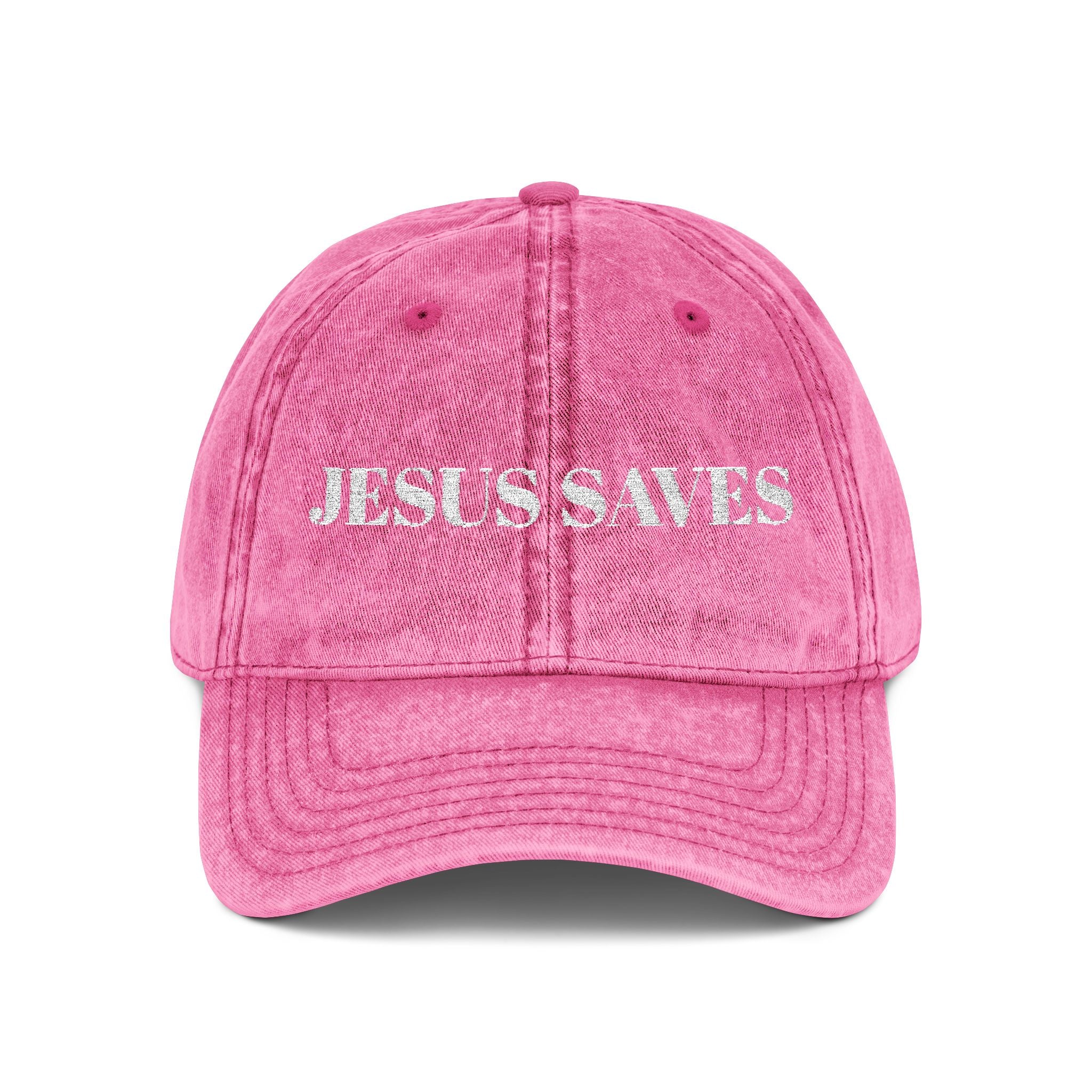 Jesus Saves Vintage Embroidered Cap — Distressed Red Faith Dad Hat