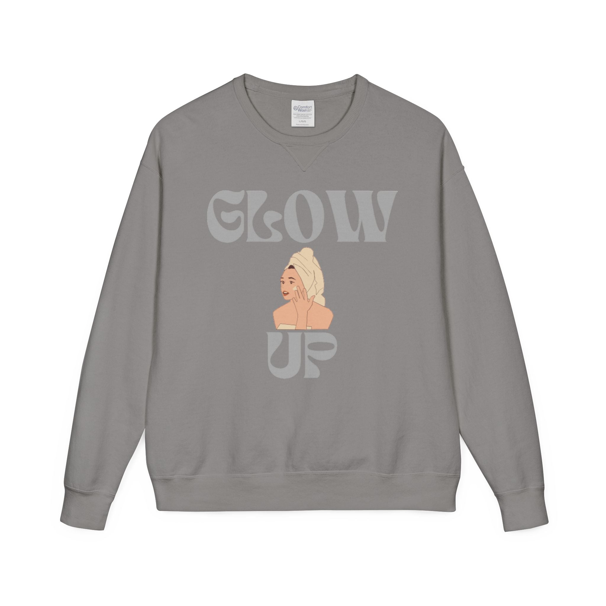 Glow Up Crewneck Sweatshirt — Retro Script Portrait Graphic