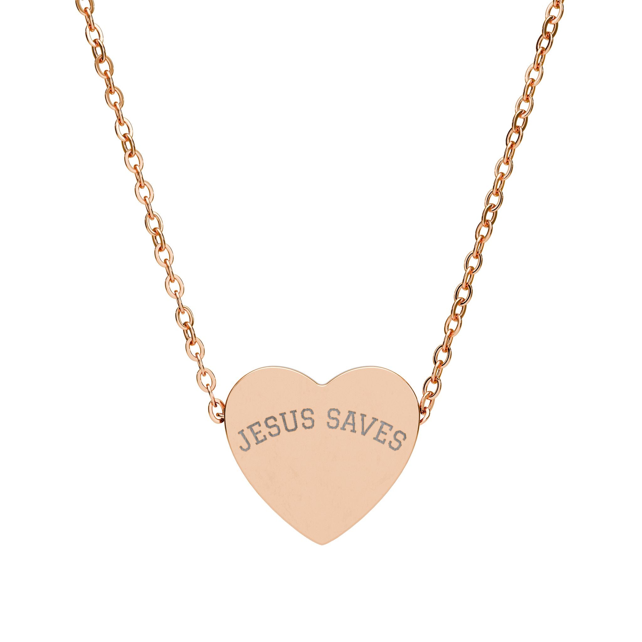 Heart Necklace — Engraved "Jesus Saves" Pendant Necklace (Silver or Rose Gold)