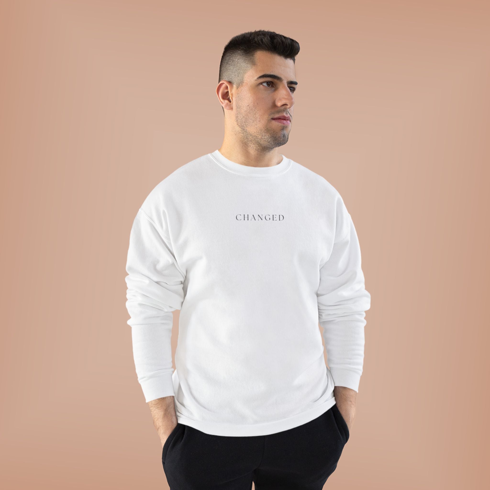 Minimal 'Changed' Crewneck Sweatshirt — Subtle Text Graphic, Eco-Friendly Comfort