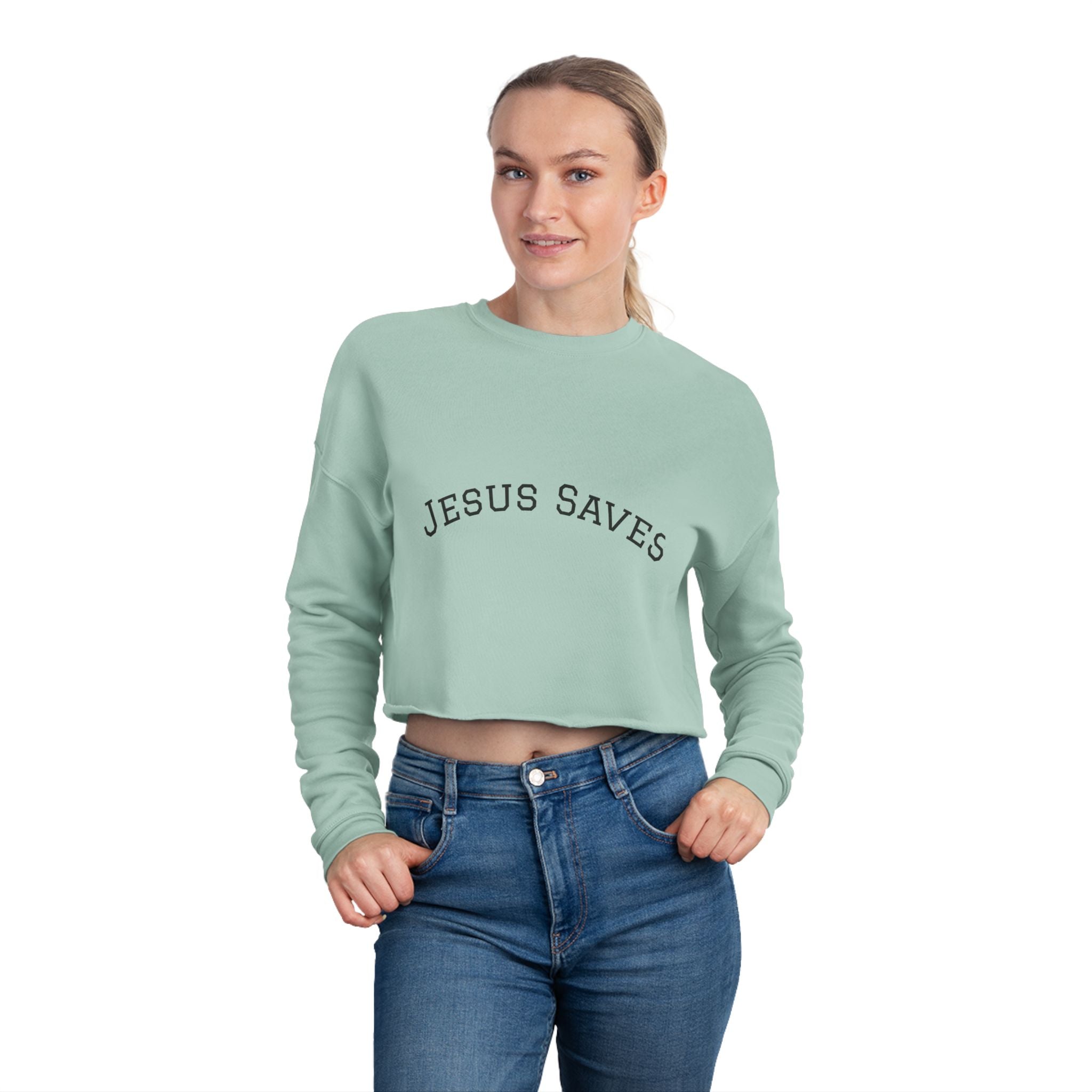 Jesus Saves Cropped Sweatshirt — Women's Faith Graphic Top