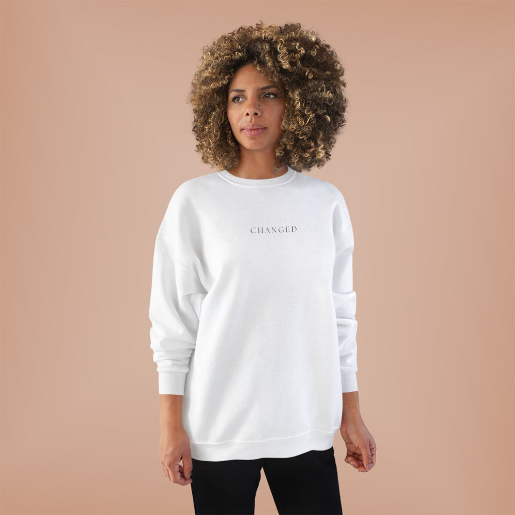 Minimal 'Changed' Crewneck Sweatshirt — Subtle Text Graphic, Eco-Friendly Comfort