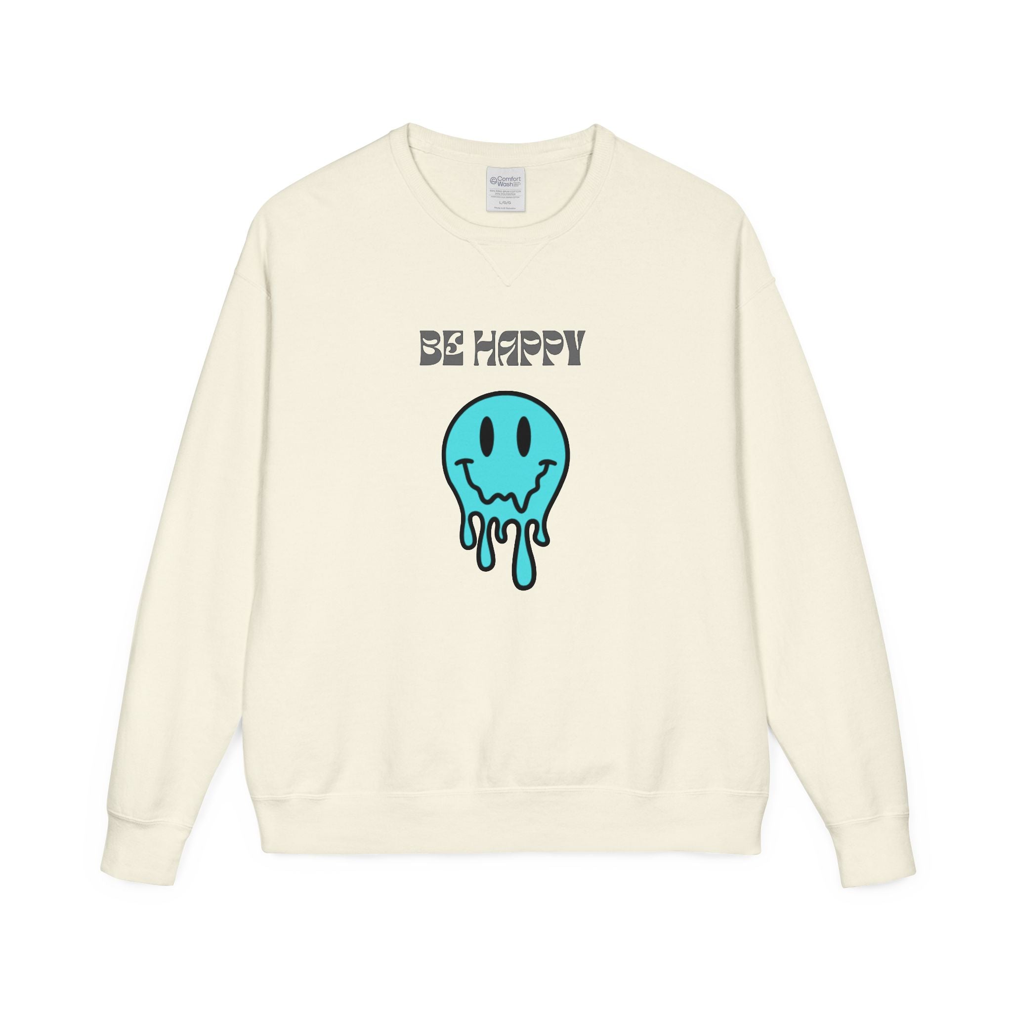 Be Happy Melting Smiley Crewneck Sweatshirt — Casual Positive Graphic Sweatshirt