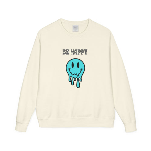 Be Happy Melting Smiley Crewneck Sweatshirt — Casual Positive Graphic Sweatshirt