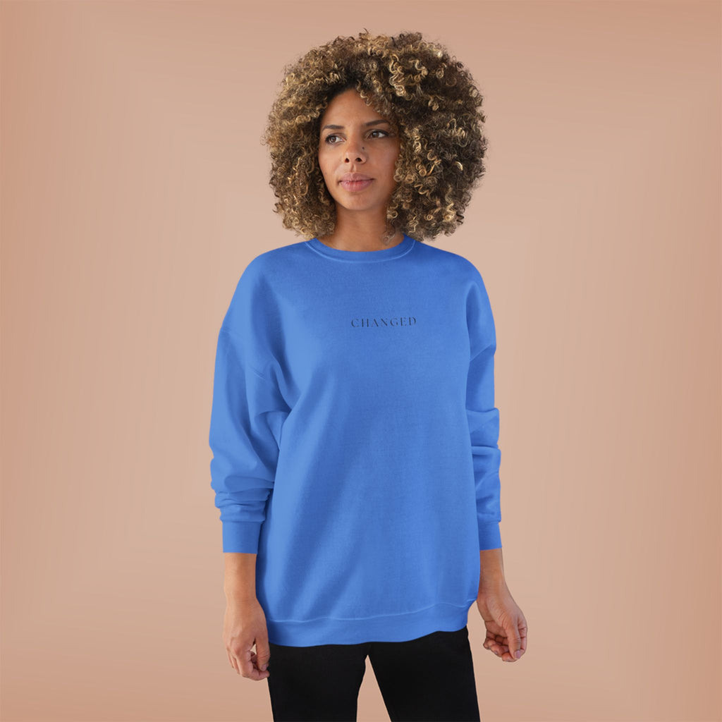 Minimal 'Changed' Crewneck Sweatshirt — Subtle Text Graphic, Eco-Friendly Comfort