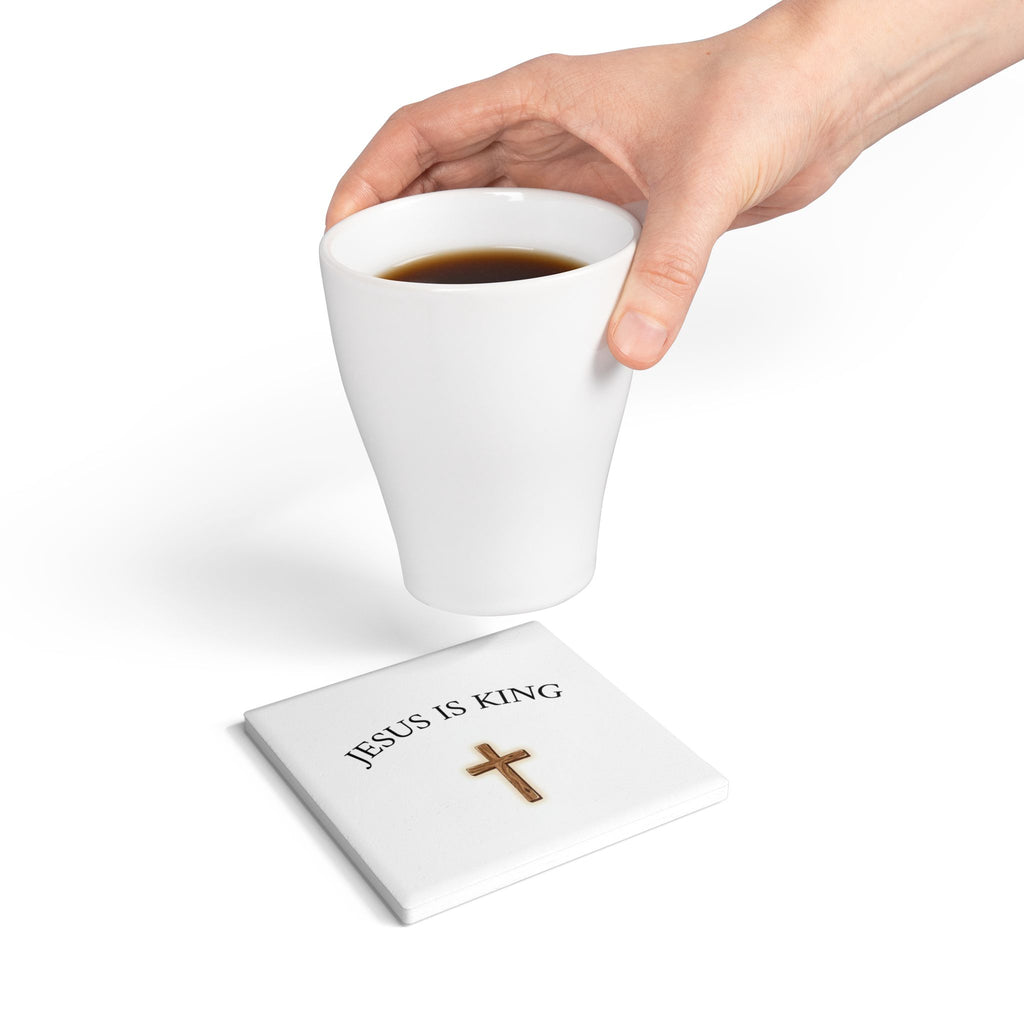Jesus Is King Ceramic Coaster  Christian Cross Drink Coaster