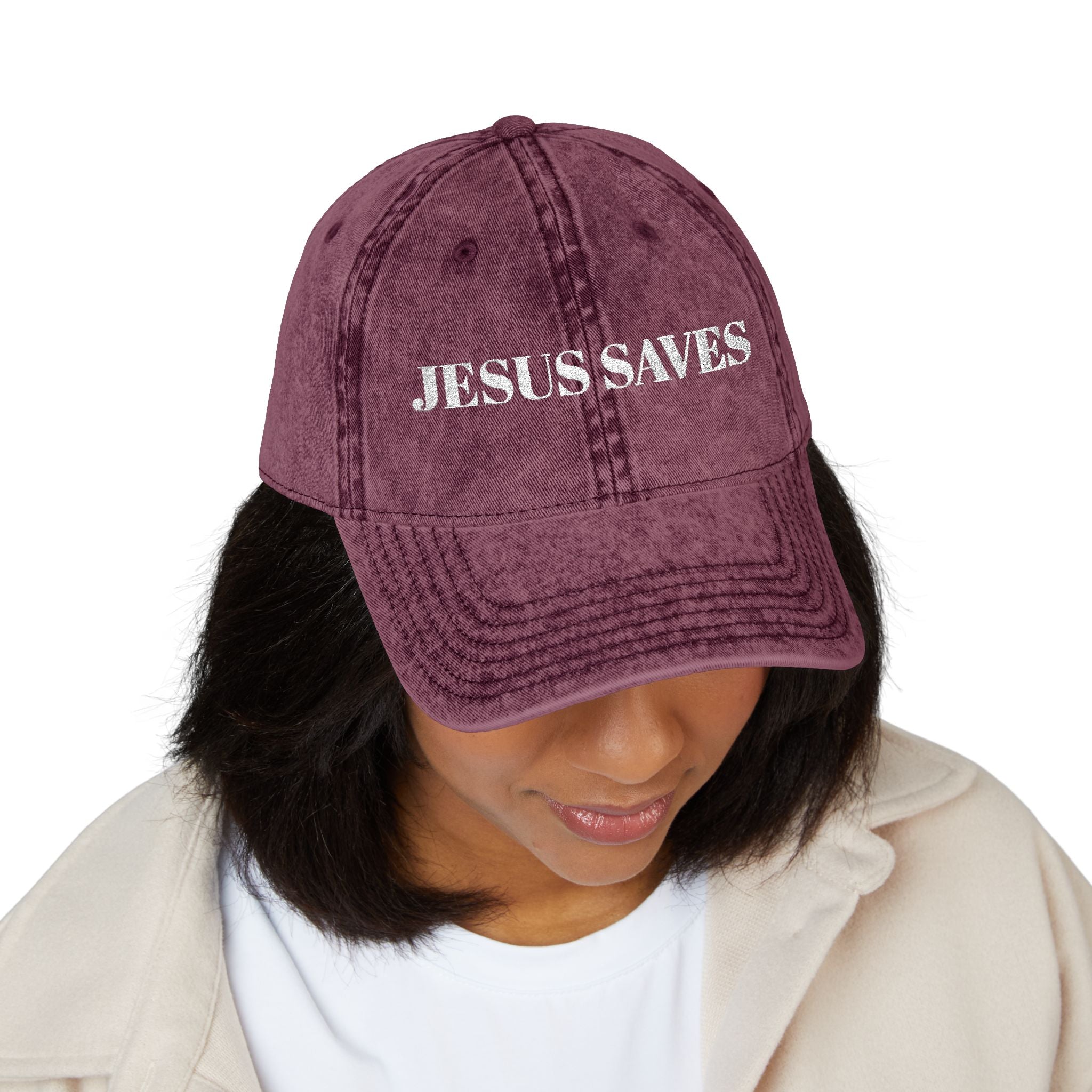Jesus Saves Vintage Embroidered Cap — Distressed Red Faith Dad Hat