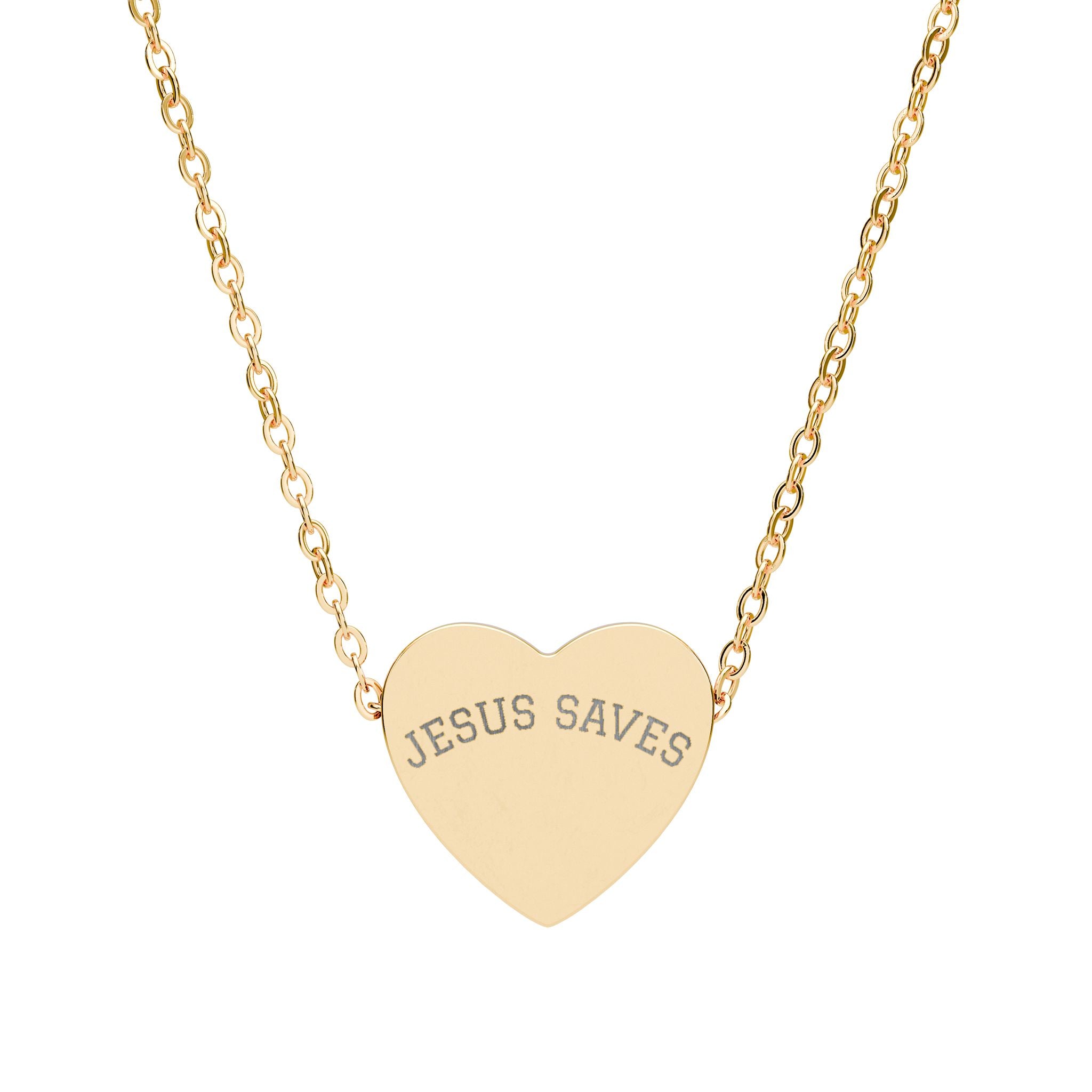 Heart Necklace — Engraved "Jesus Saves" Pendant Necklace (Silver or Rose Gold)