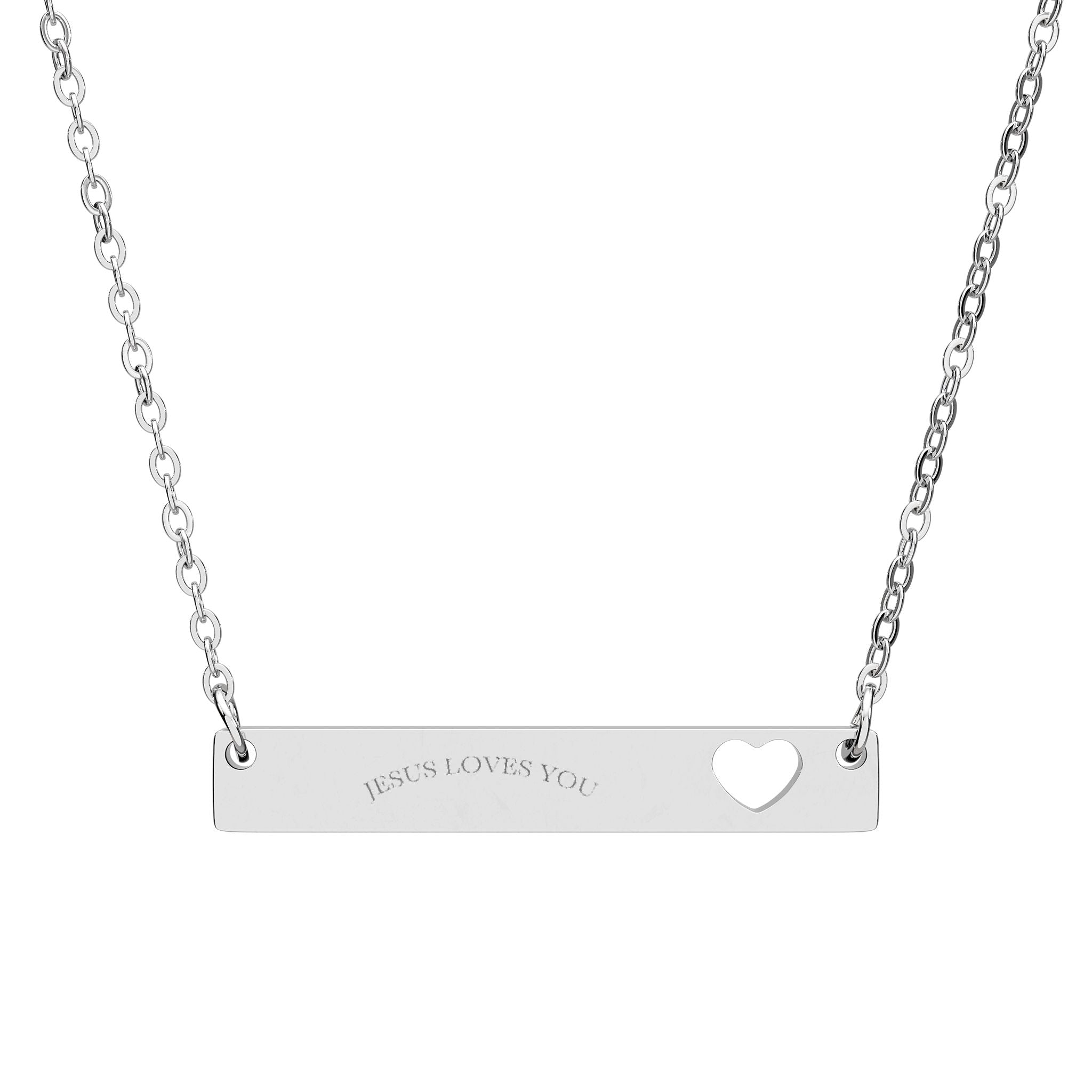 Engravable Cutout Heart Bar Necklace — Personalized Nameplate Pendant (Silver or Rose Gold)
