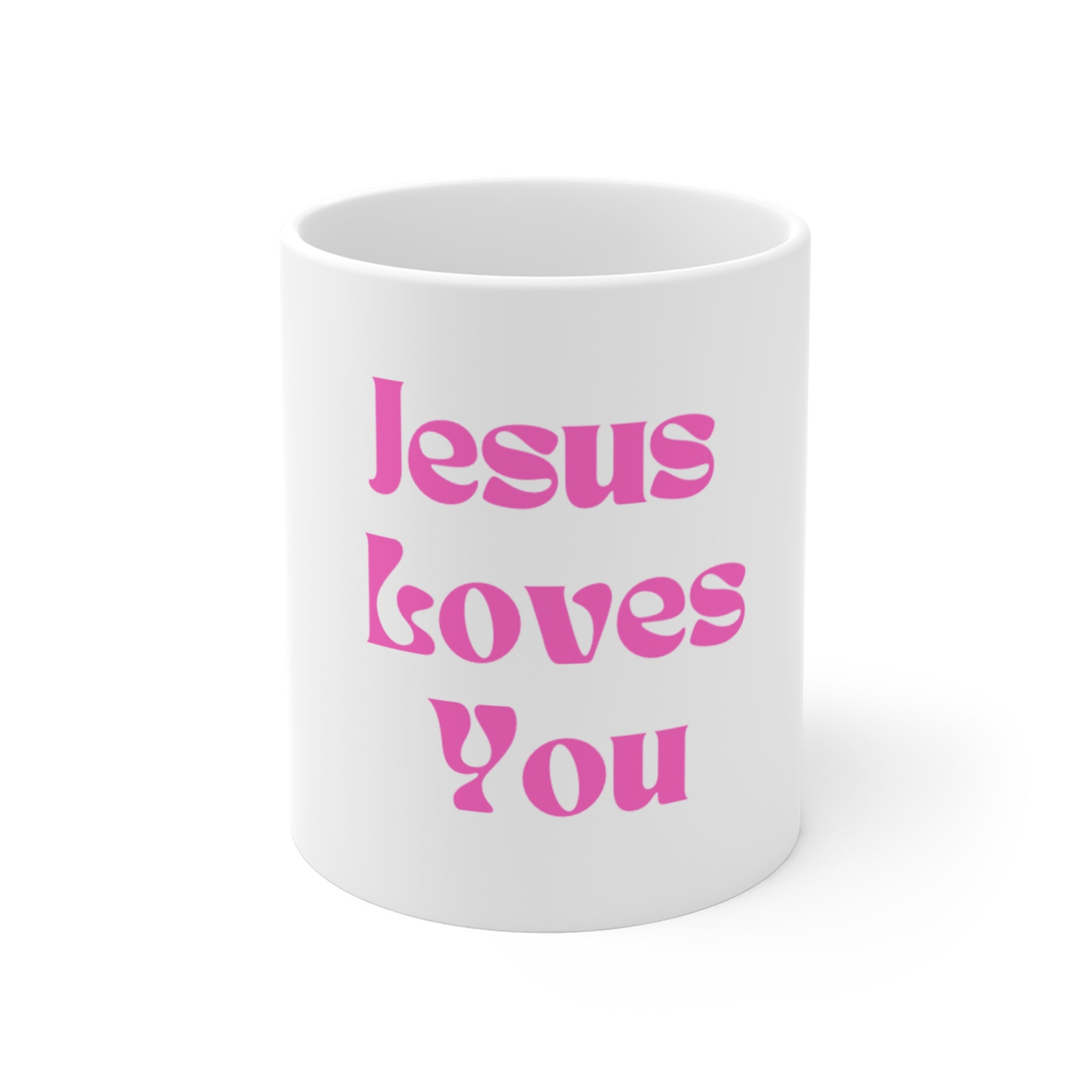 Jesus Loves You Mug — Pink Retro Faith Coffee Cup (11oz)