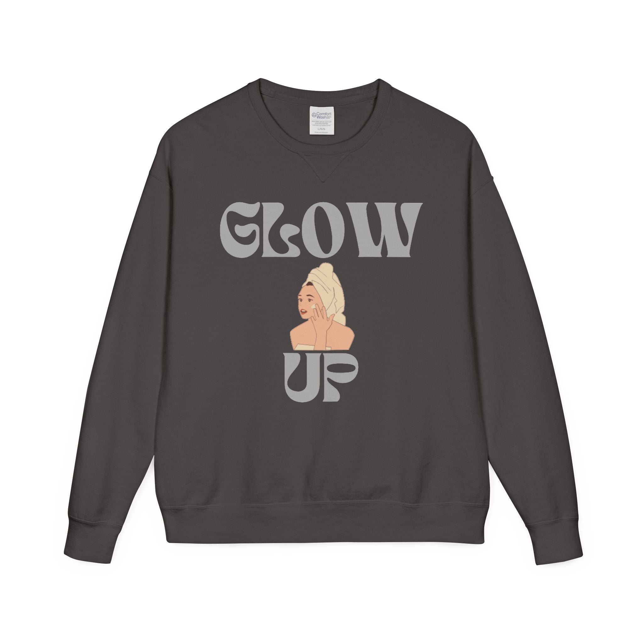 Glow Up Crewneck Sweatshirt — Retro Script Portrait Graphic