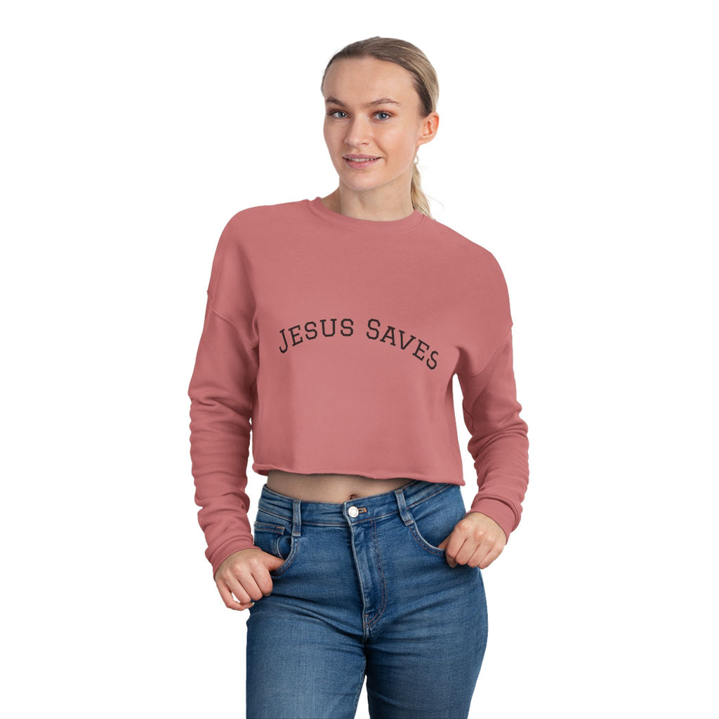 Jesus Saves Cropped Sweatshirt — Women's Faith Graphic Top