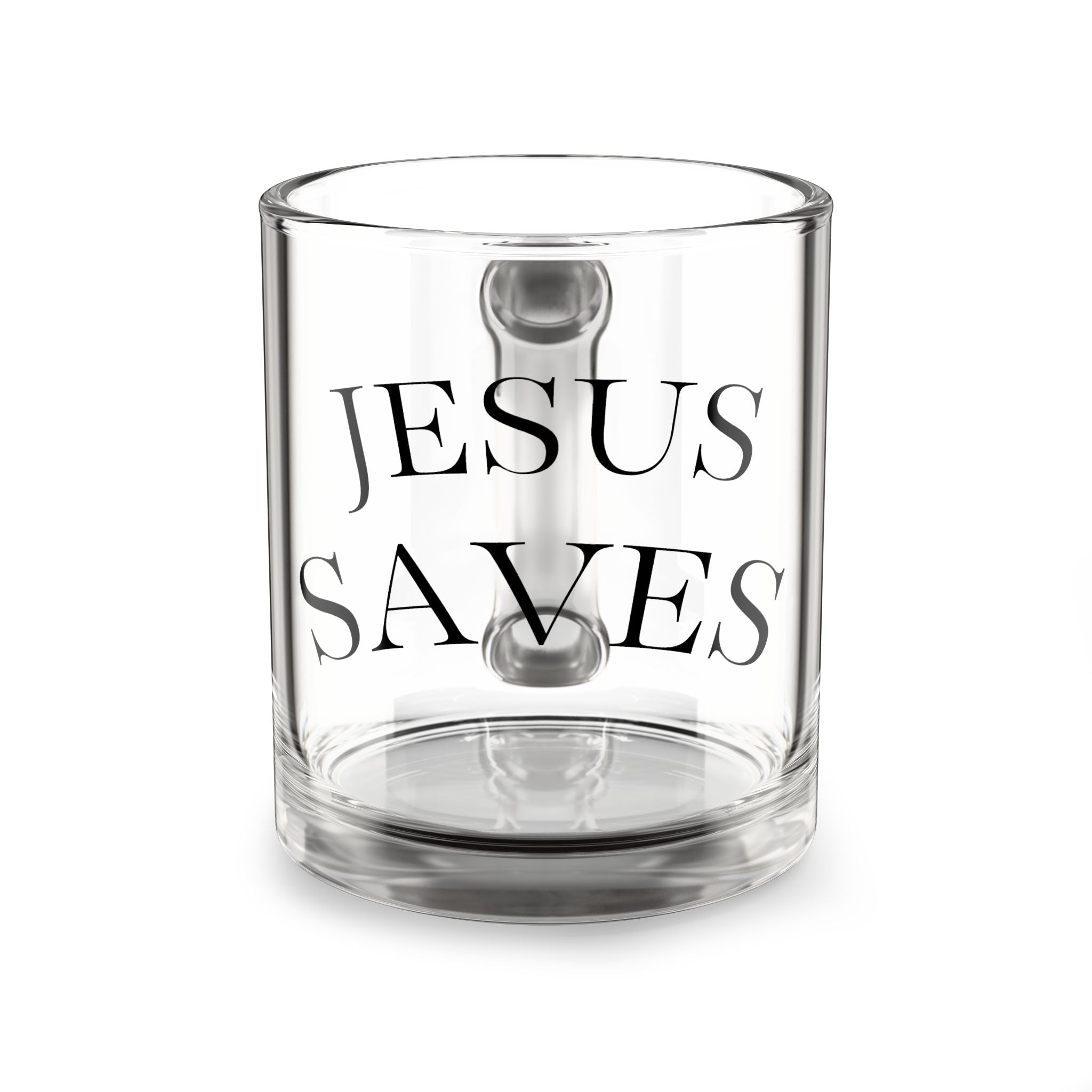 Jesus Saves 10oz Glass Mug — Clear Christian Coffee Cup