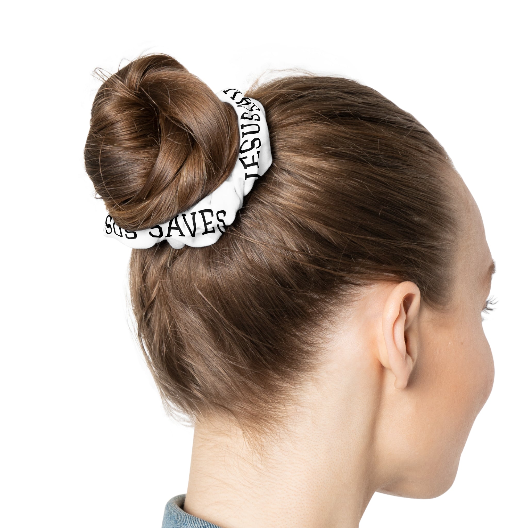 "Jesus Saves" White Scrunchie — Faith-Based Hair Accessory