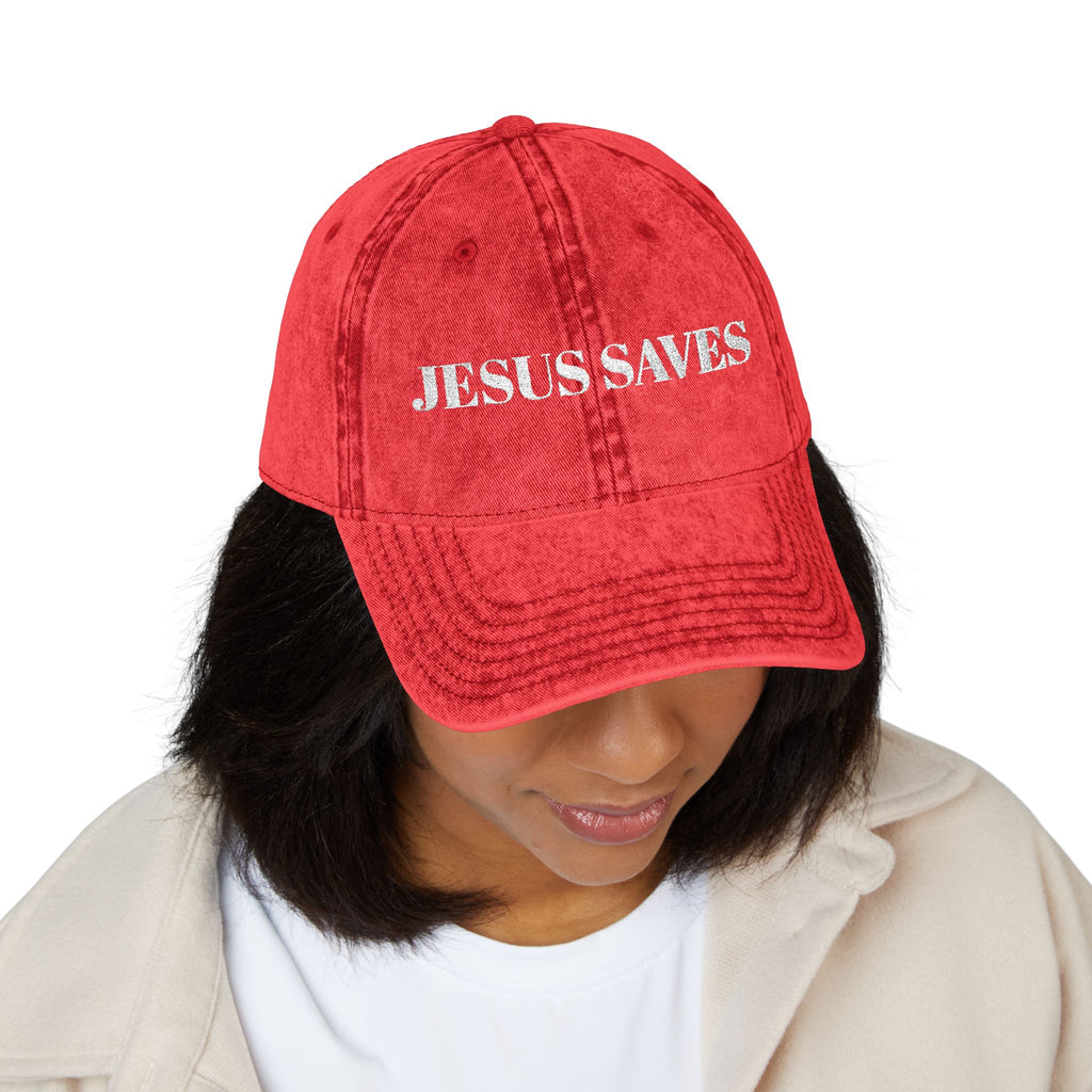 Jesus Saves Vintage Embroidered Cap — Distressed Red Faith Dad Hat