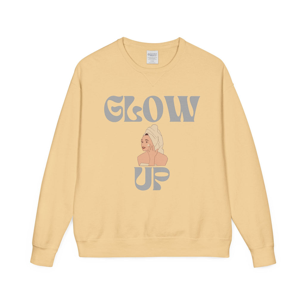 Glow Up Crewneck Sweatshirt — Retro Script Portrait Graphic