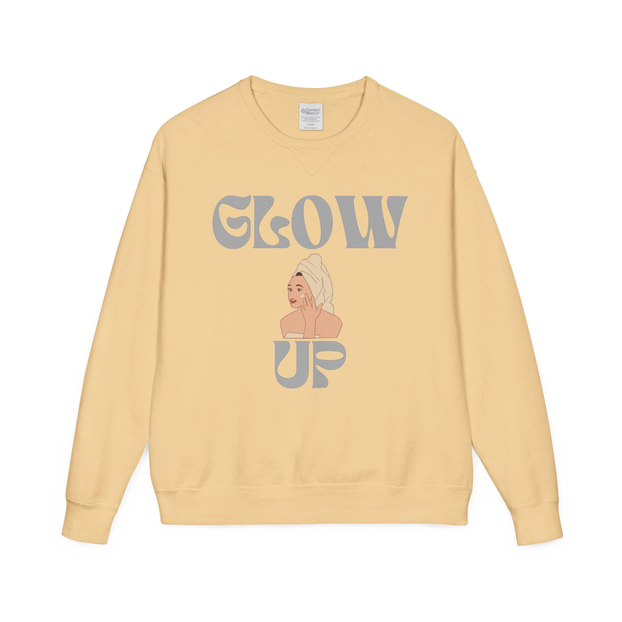 Glow Up Crewneck Sweatshirt — Retro Script Portrait Graphic