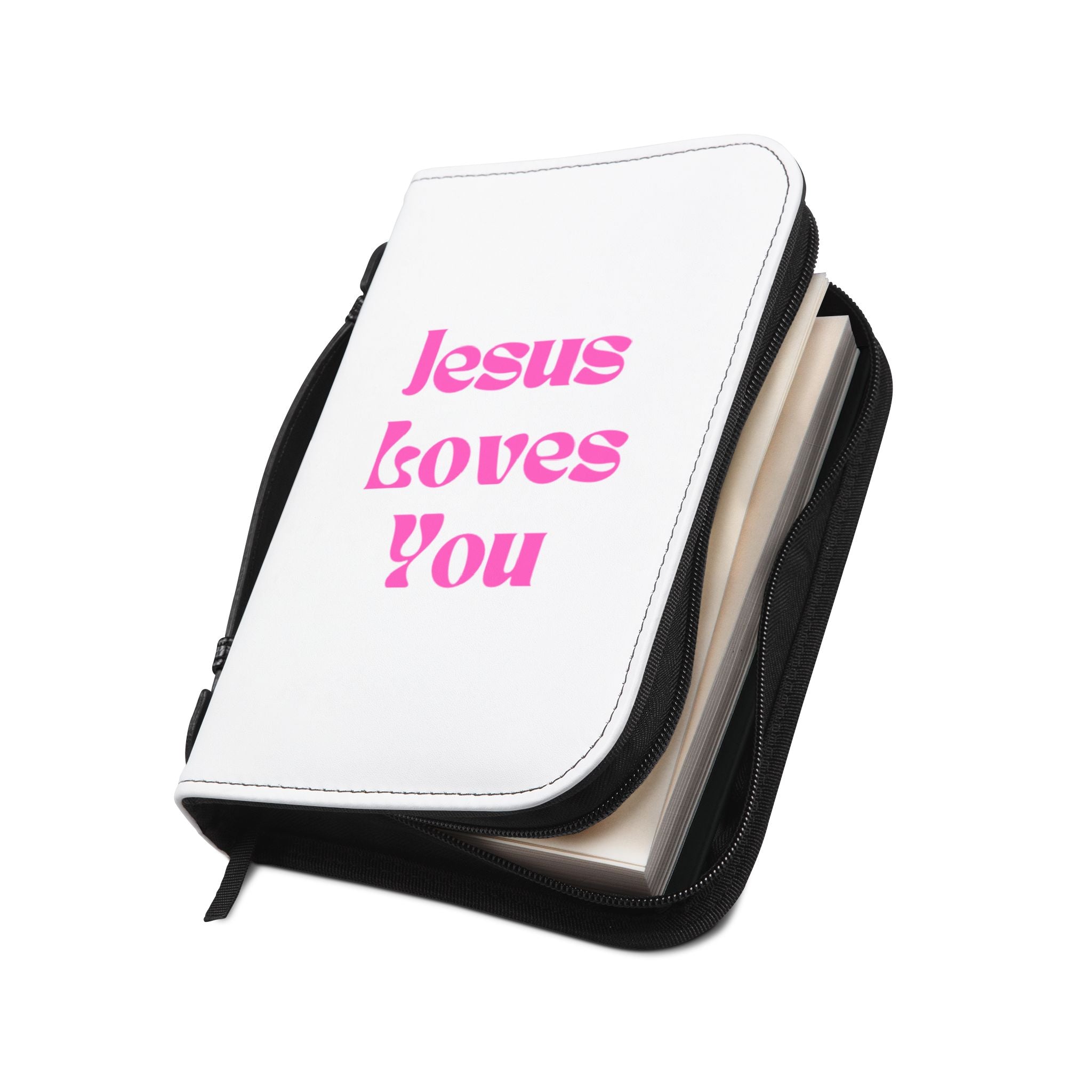 Bible Cover — 'Jesus Loves You' Pink Text Zippered Bible Organizer