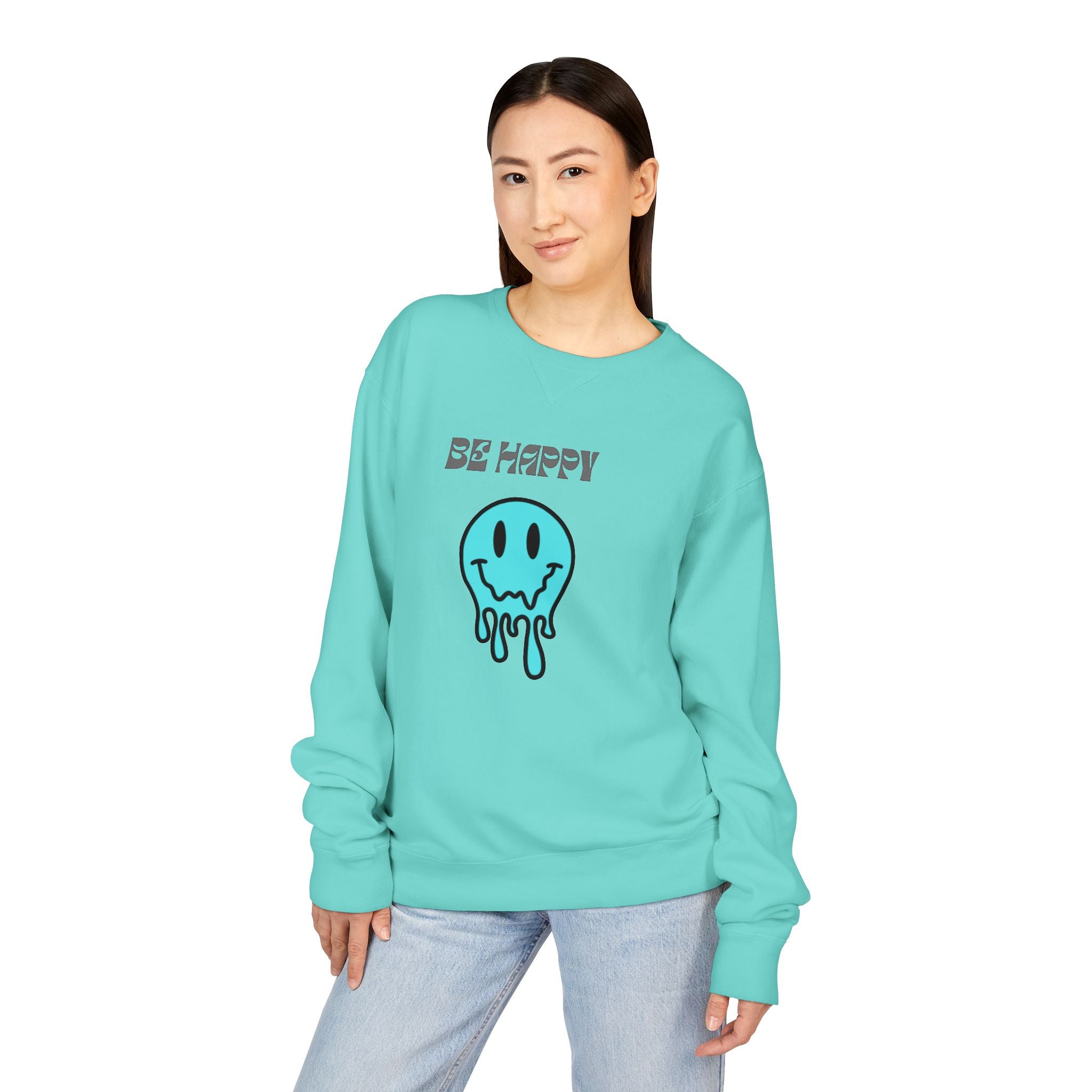 Be Happy Melting Smiley Crewneck Sweatshirt — Casual Positive Graphic Sweatshirt