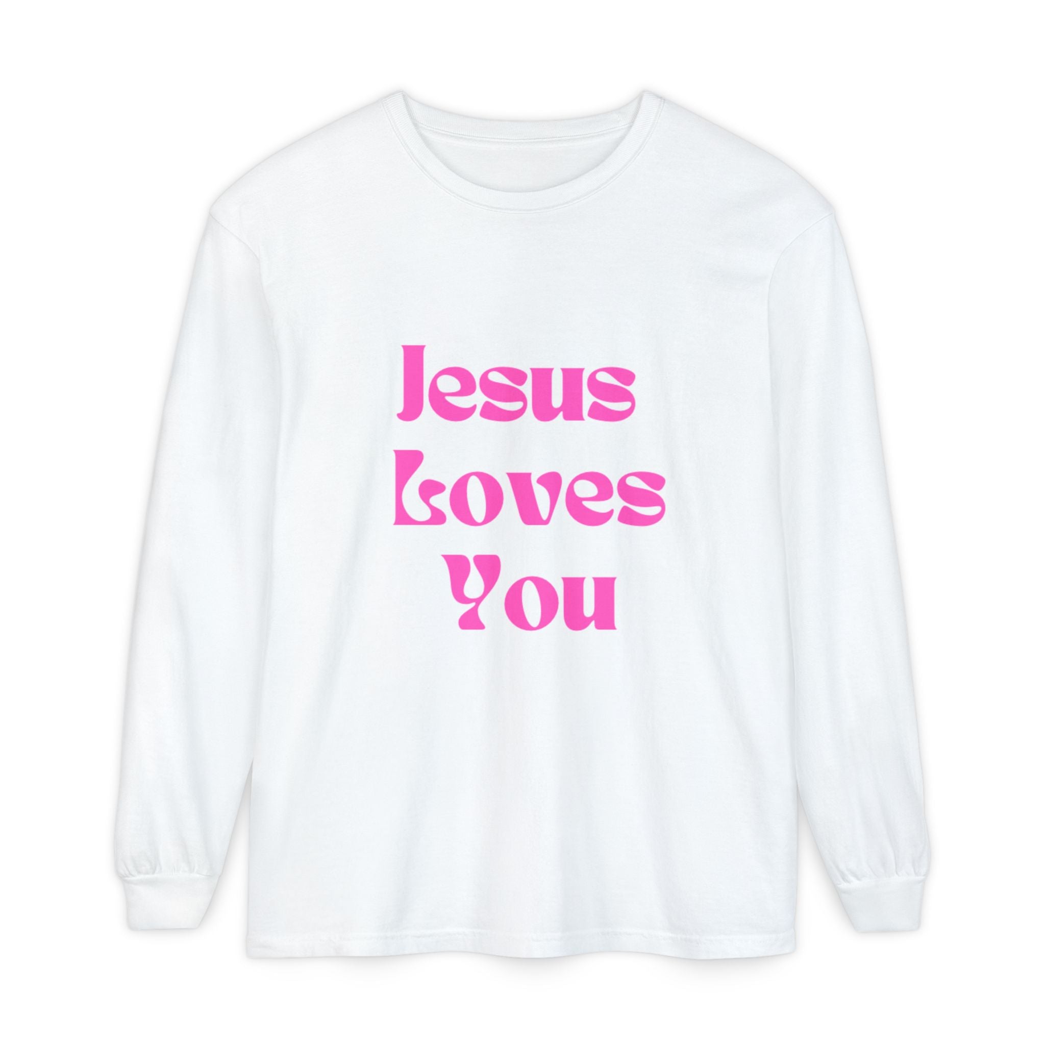 Jesus Loves You Long Sleeve Tee — Retro Pink Faith Shirt