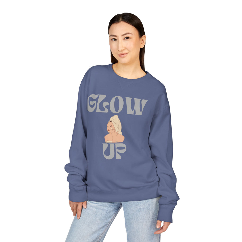 Glow Up Crewneck Sweatshirt — Retro Script Portrait Graphic